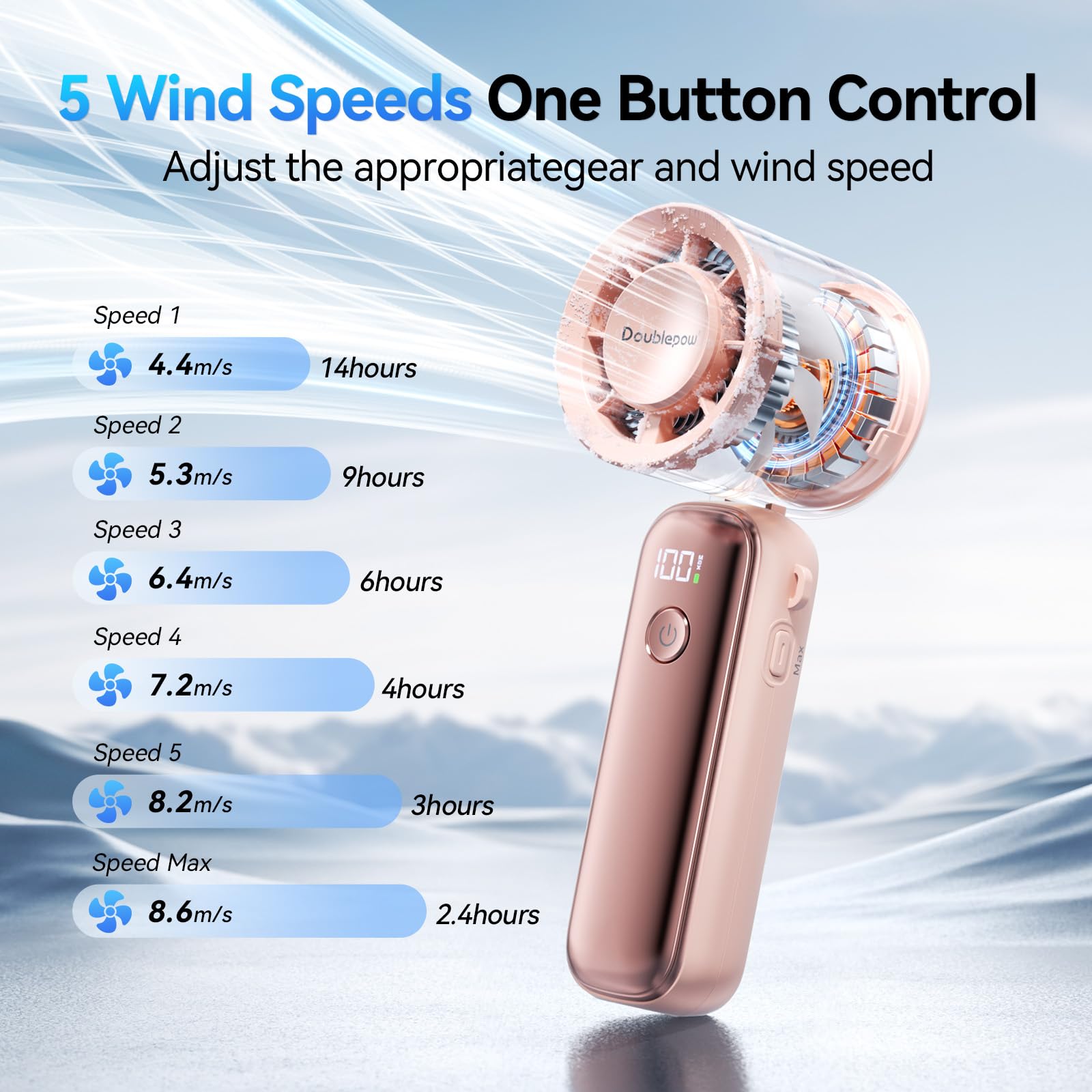 Portable Ausic misting fan with rechargeable battery, ideal for outdoor use, camping, and hot weather relief