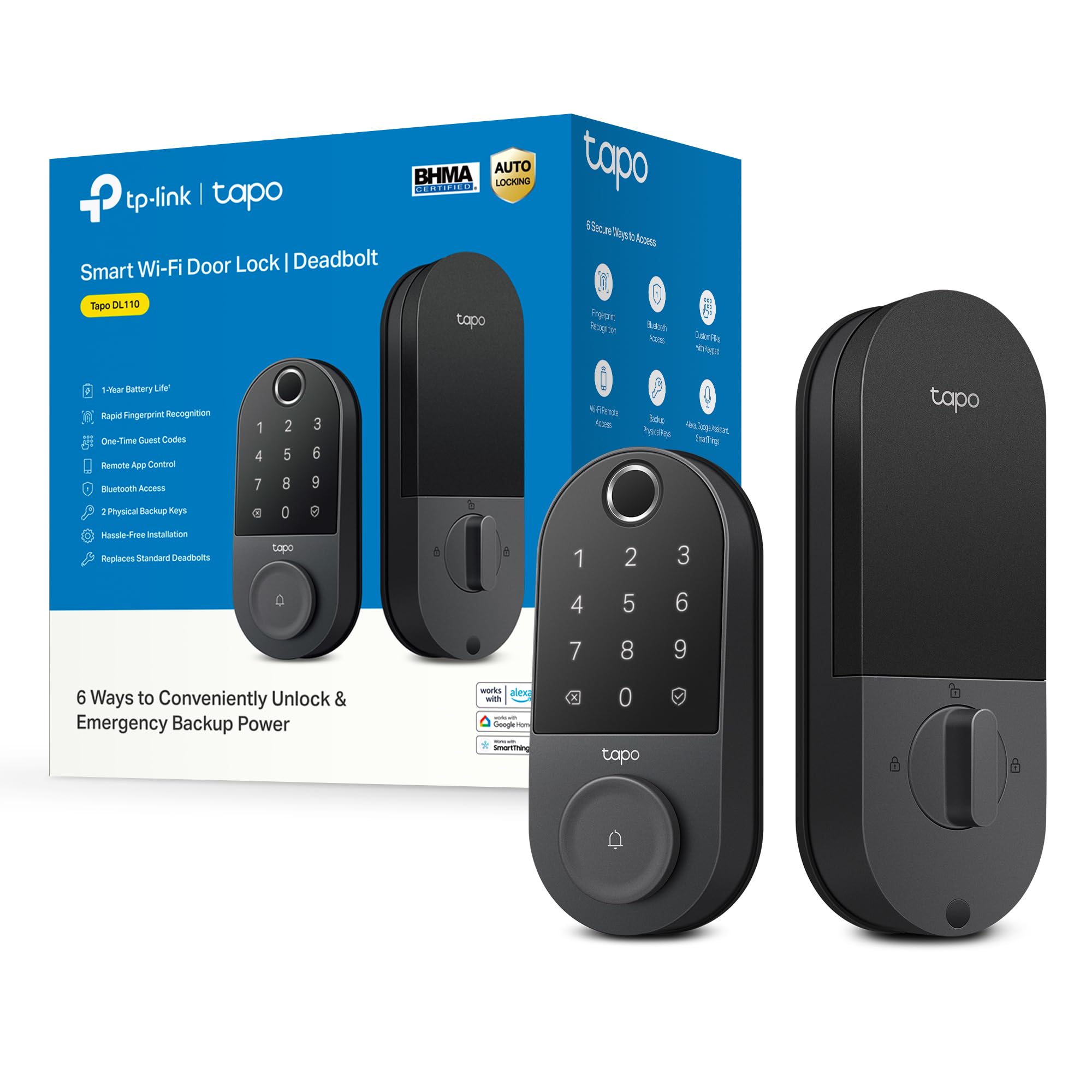 Tapo Tp-Link Smart Door Lock, Deadbolt Keyless Entry, Fingerprint Recognition, Touchscreen Keypad & In-App Monitoring With Scheduled Access 1-Year Rechargeable Battery Bhma Grade 2 Dl110