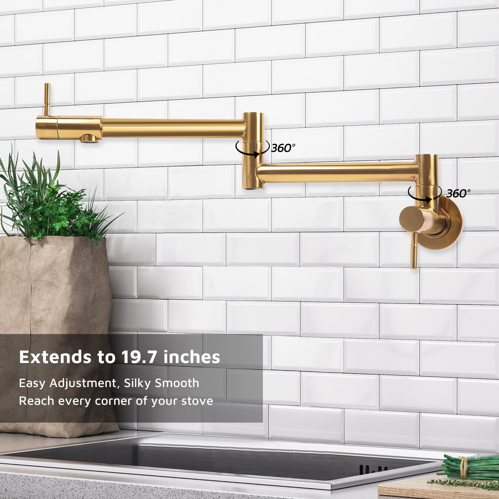 Heaorld Pot Filler Faucet Brushed Gold, Wall Mount Kitchen Faucet Over Stove 304 Stainless Steel, Commercial Folding Stove Faucet With Double Joint Swing Arms