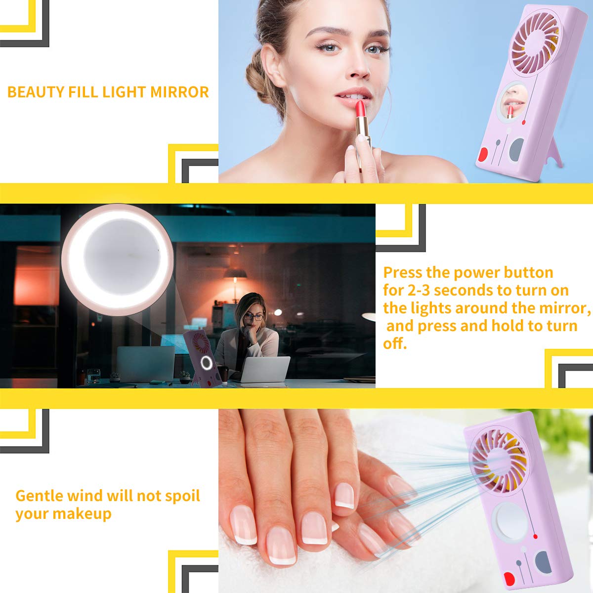 Handheld Mini Fan, 3 In 1 Makeup Mirror Fan, Usb Rechargeable Fan With Led Light Fragrance