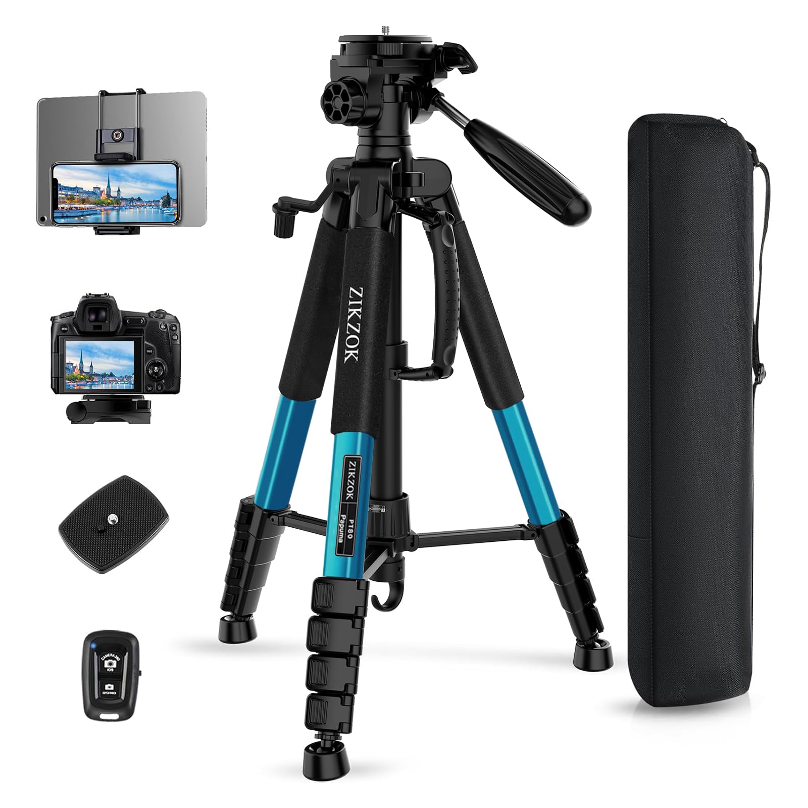 Zikzok 75" Heavy Duty Camera Tripod Stand With Bluetooth Remote - Max Load 15Lb, Aluminum Travel Tripod For Dslr/Phone/Tablet/Projector, 3-Way Pan Head & Quick Release Plate, Compact Foldable Design (Blue)