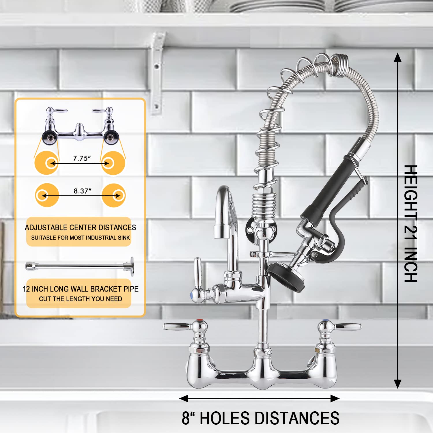 Palukia Commercial Sink Faucet With Sprayer - Wall Mount, Pre-Rinse Sprayer, 21" Height Commercial Kitchen Faucet, 8 Inch Center, 9" Spout, 20" Hose Pull Down Spray For Restaurant, Industrial