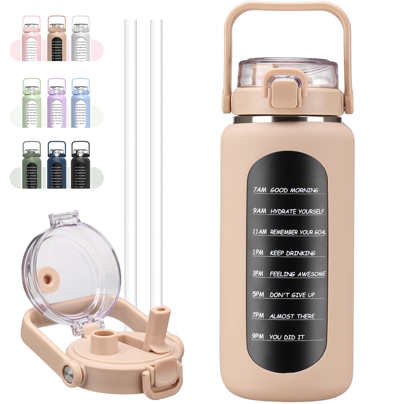 Bluego 64Oz Insulated Water Bottle With Straw And Handle Leakproof Half Gallon Wide Mouth