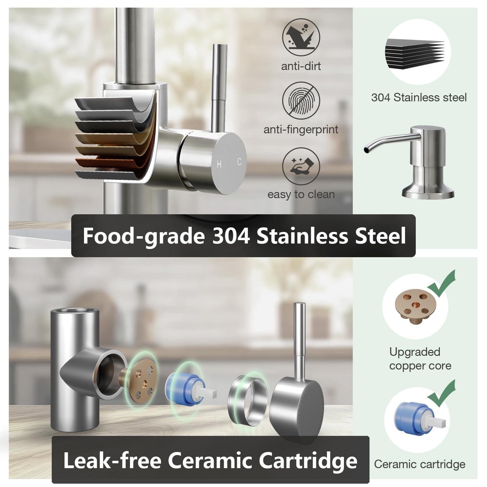 Ceihnau Kitchen Faucets With Soap Dispenser, Stainless Steel Kitchen Sink Faucet With Pull Down Sprayer, 3 Mode High Arc Brushed Nickel Single Hole Pull Out Faucet For Bar Laundry Rv Utility Outdoor