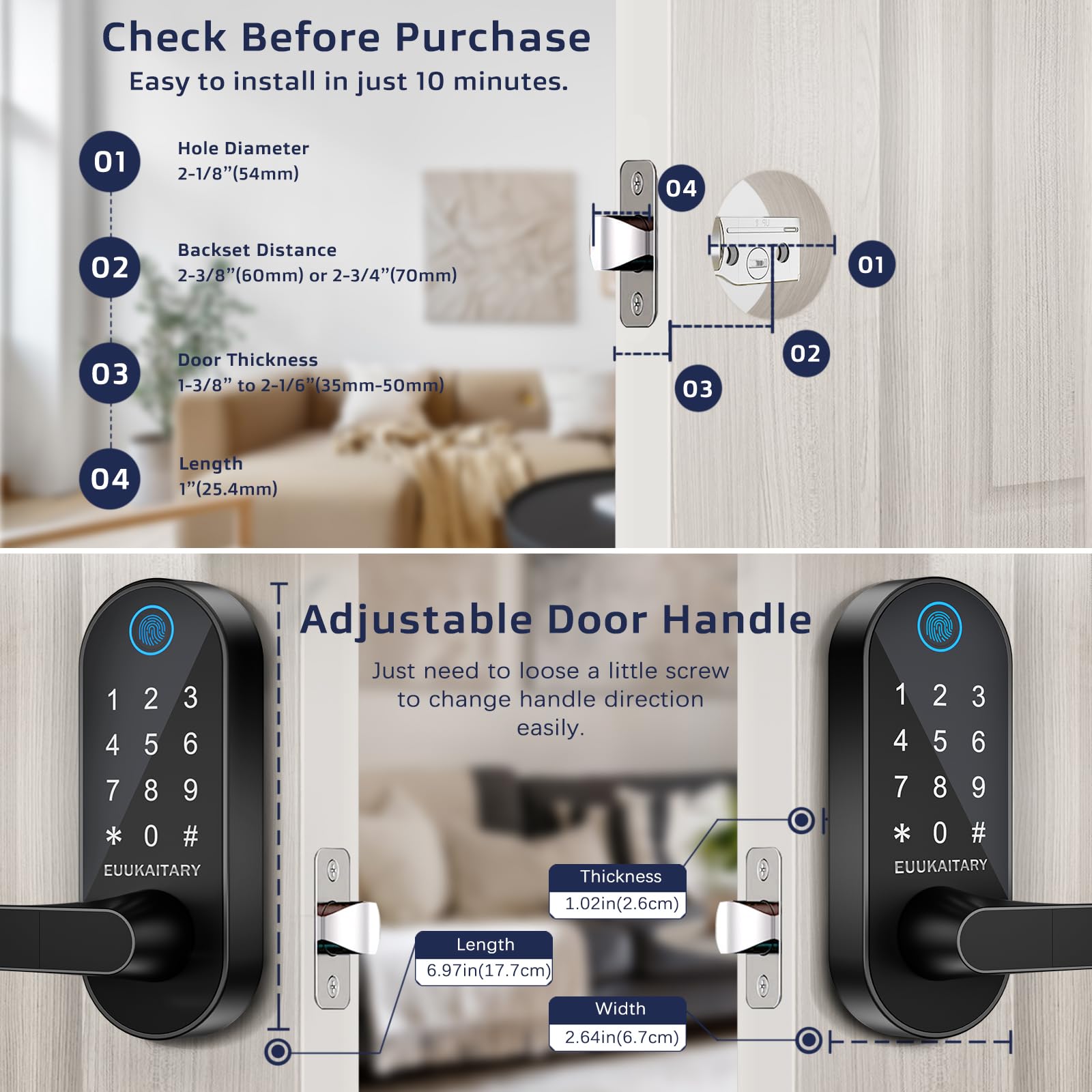 Euukaitary Fingerprint Door Lock, Keyless Entry Door Lock, Smart Locks For Front Door, Built-In Wifi, App Remote Control, Digital Keypad Code Unlock, Auto-Lock, Electronic Deadbolts With Handle