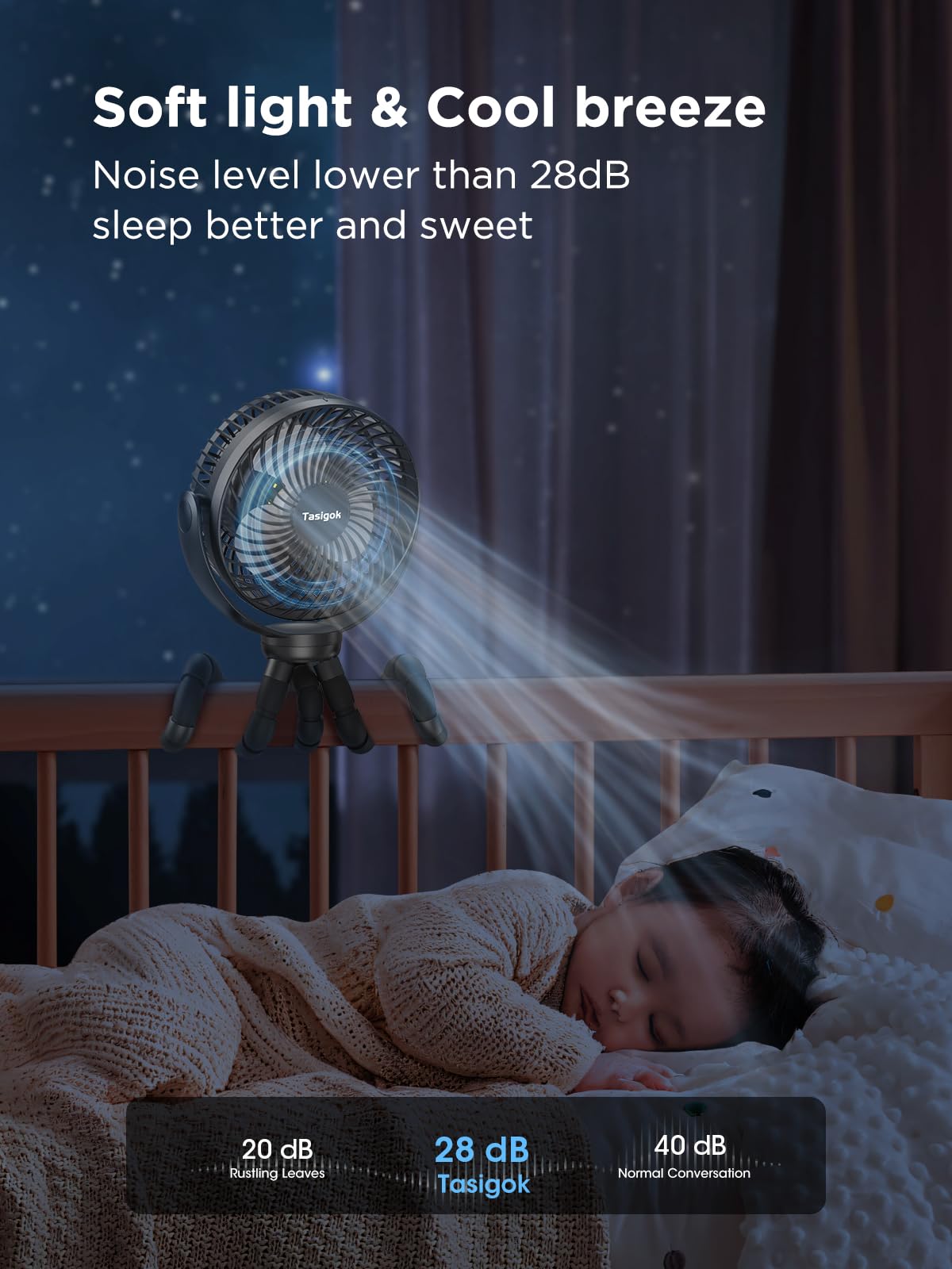 Portable Stroller Fan, 4000Mah Battery Operated Mini Baby Fan With Light, 26H 3 Speeds Rechargeable