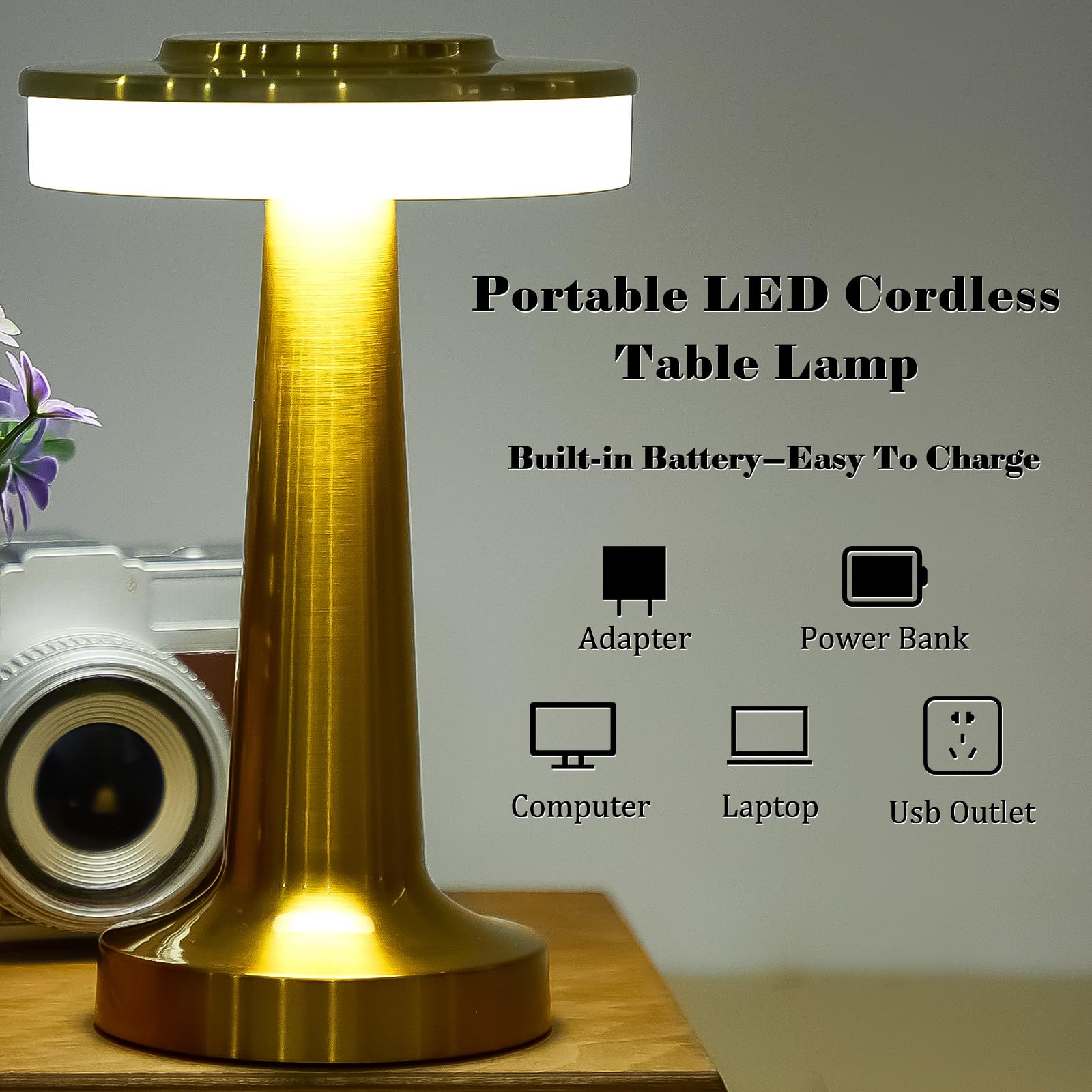 Riakrum 4 Pcs Portable Cordless Table Lamp With Touch Sensor 3 Color Stepless Dimming Rechargeable Battery Up To 15 Hours Cordless Table Light Wireless Lamp For Nursery(Gold)