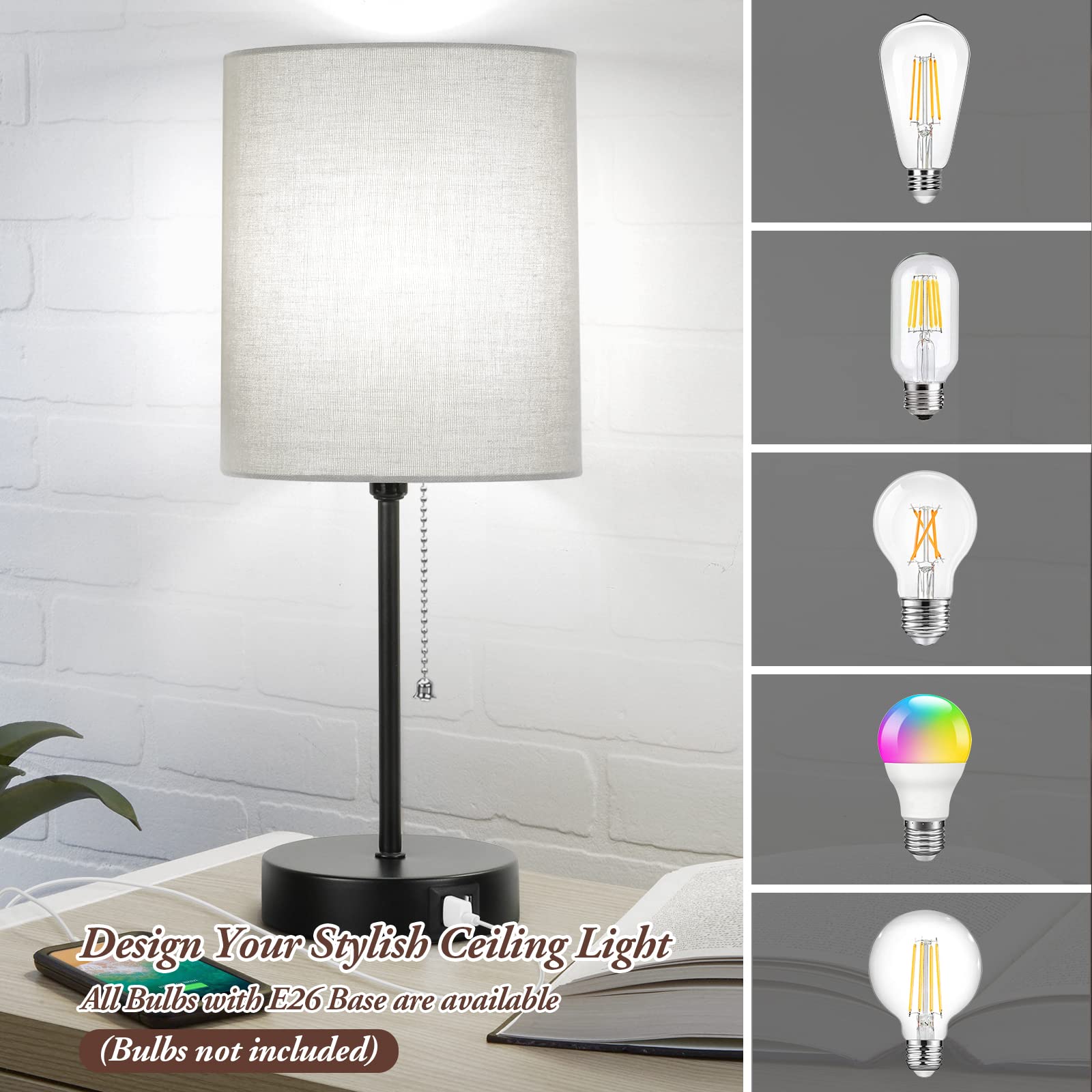 Bosceos Table Lamps Set Of 2 With Usb Charging Ports, Grey Bedside Lamps With Ac Outlet, Nightstand Lamps With Pull Chain Switch, Minimalist Modern Desk Lamps