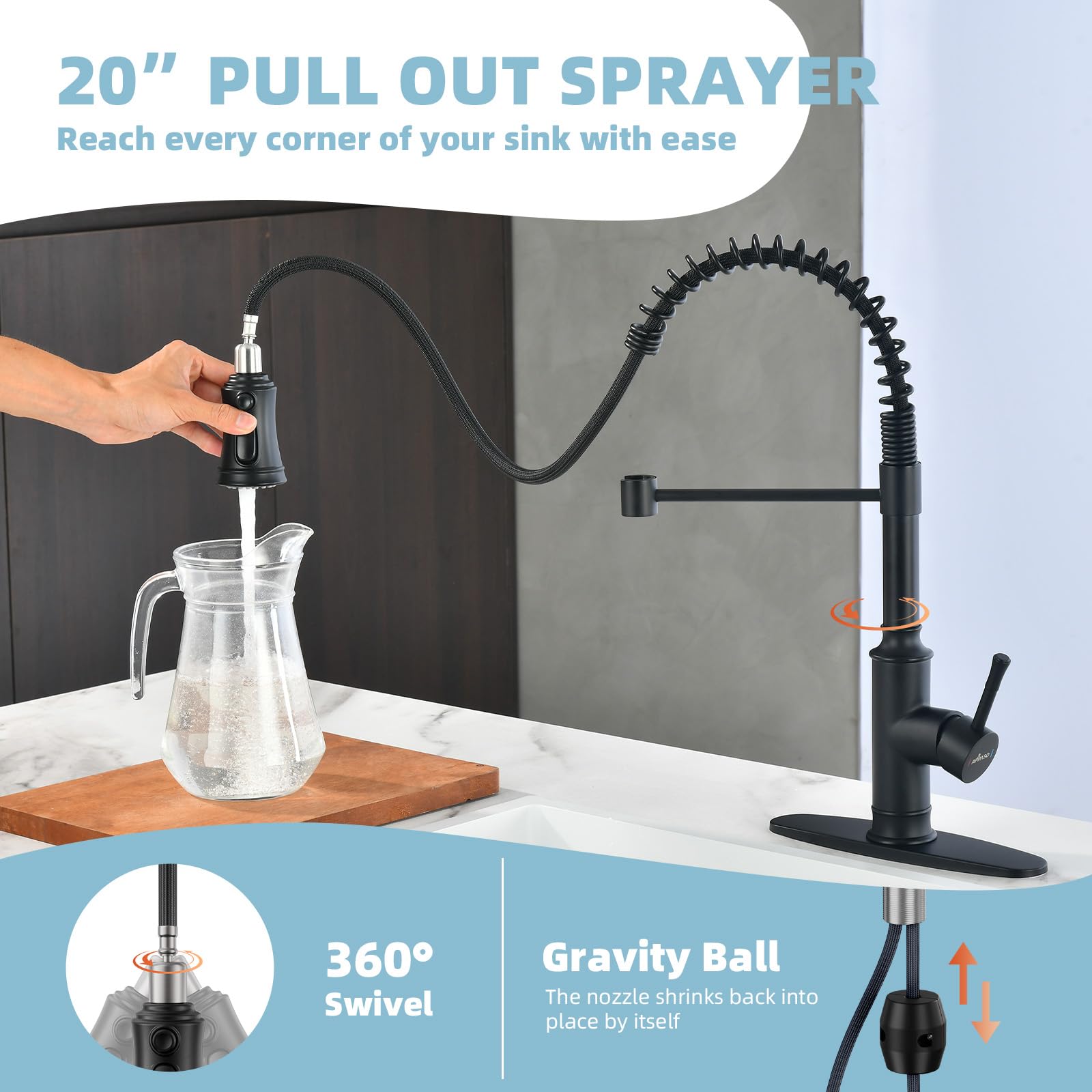 Appaso Kitchen Faucets With Pull Down Sprayer, Single Handle High Arc Matte Black Kitchen Faucet, Stainless Steel Faucet For Kitchen Sink, 20 Inch Pull Out Kitchen Faucets With Deck Plate