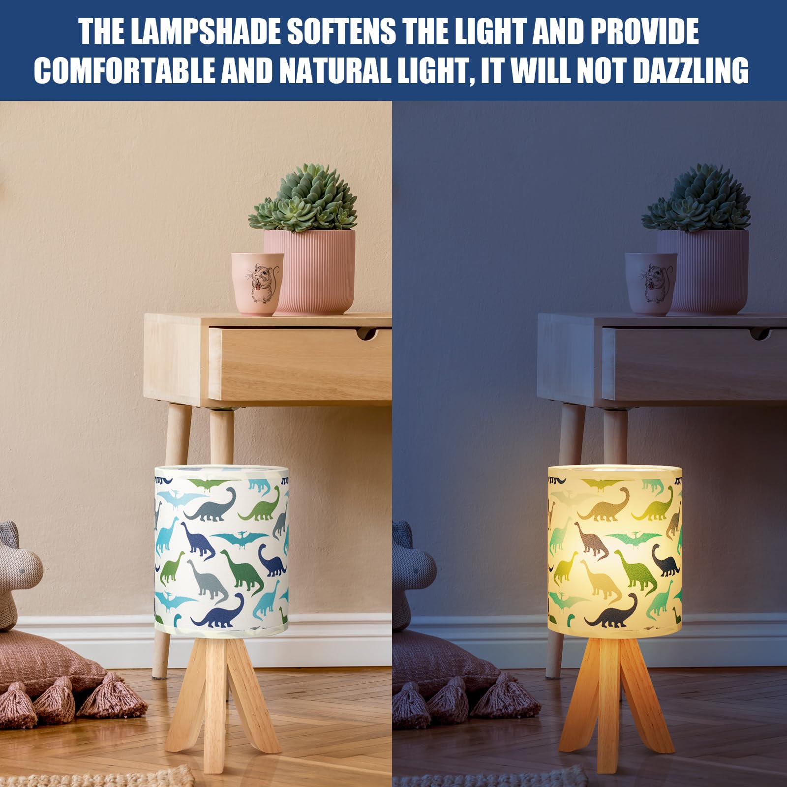 Vihose Kids Table Lamp For Bedroom Kids Bedside Lamp With Linen Wooden Nightstand Lamp Cartoon Nursery Lamp Lampshade For Girls Boys Living Room (Dinosaur)