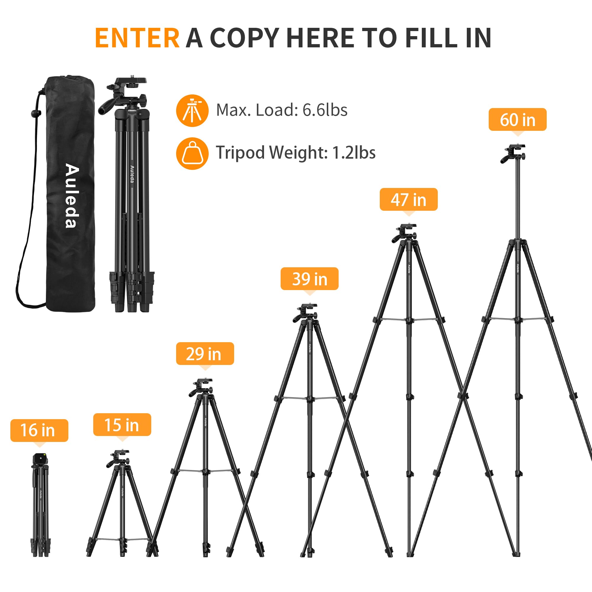 Auleda 60″ Camera Tripod Lightweight Travel Tripod Stand Compatible With Canon Nikon Dslr Cameras With Wireless Remote Phone Holder And Bag Max Load 6.6 Lb Black