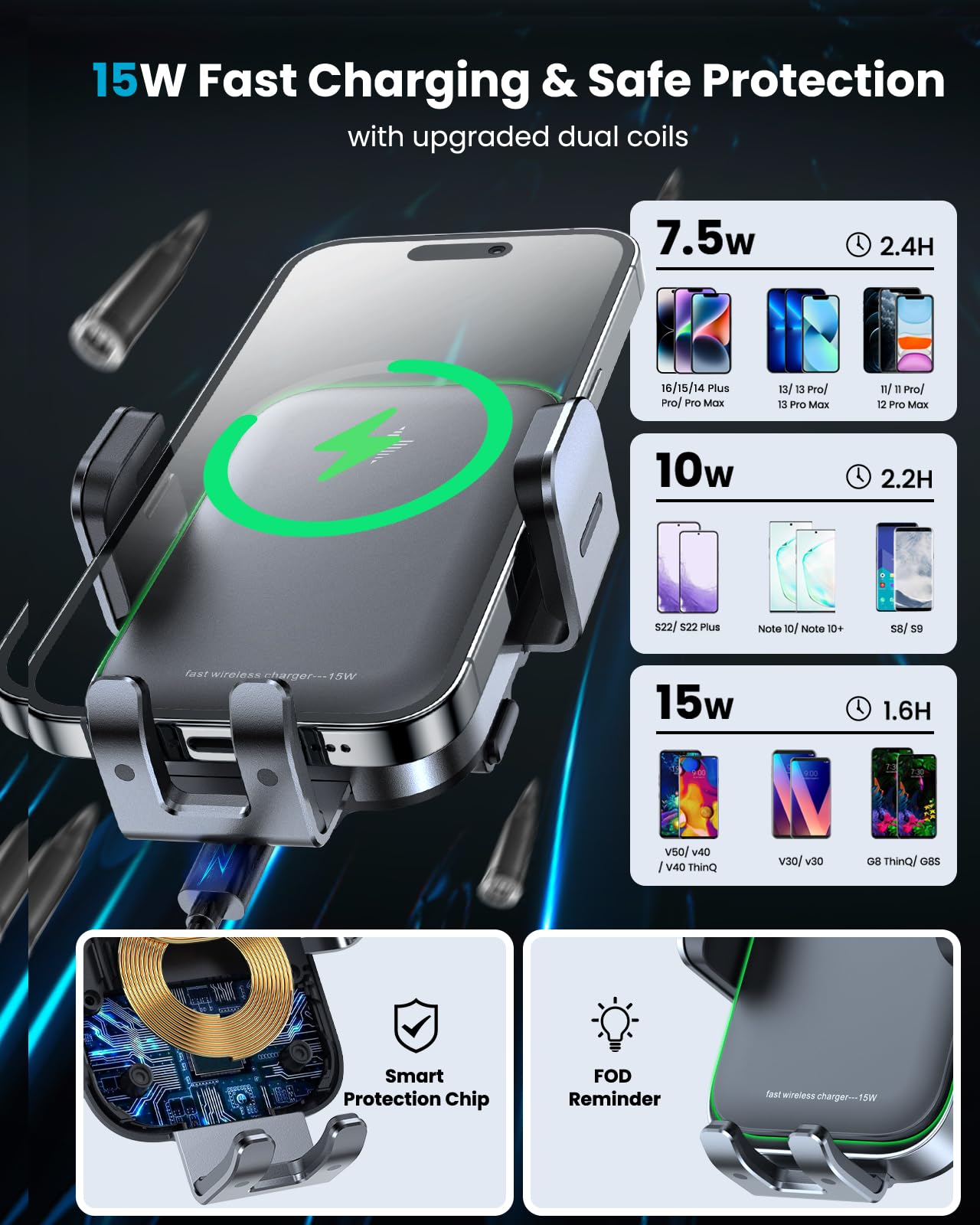 Apps2Car Dual Coil Wireless Car Charger Auto Clamping 15W Cup Holder Phone Wireless Charger Mount Fast Charge Tri-Pivots Height Adjustable Phone Holder Car Truck For Iphone 16 15 14 13 Samsung Lg Etc.