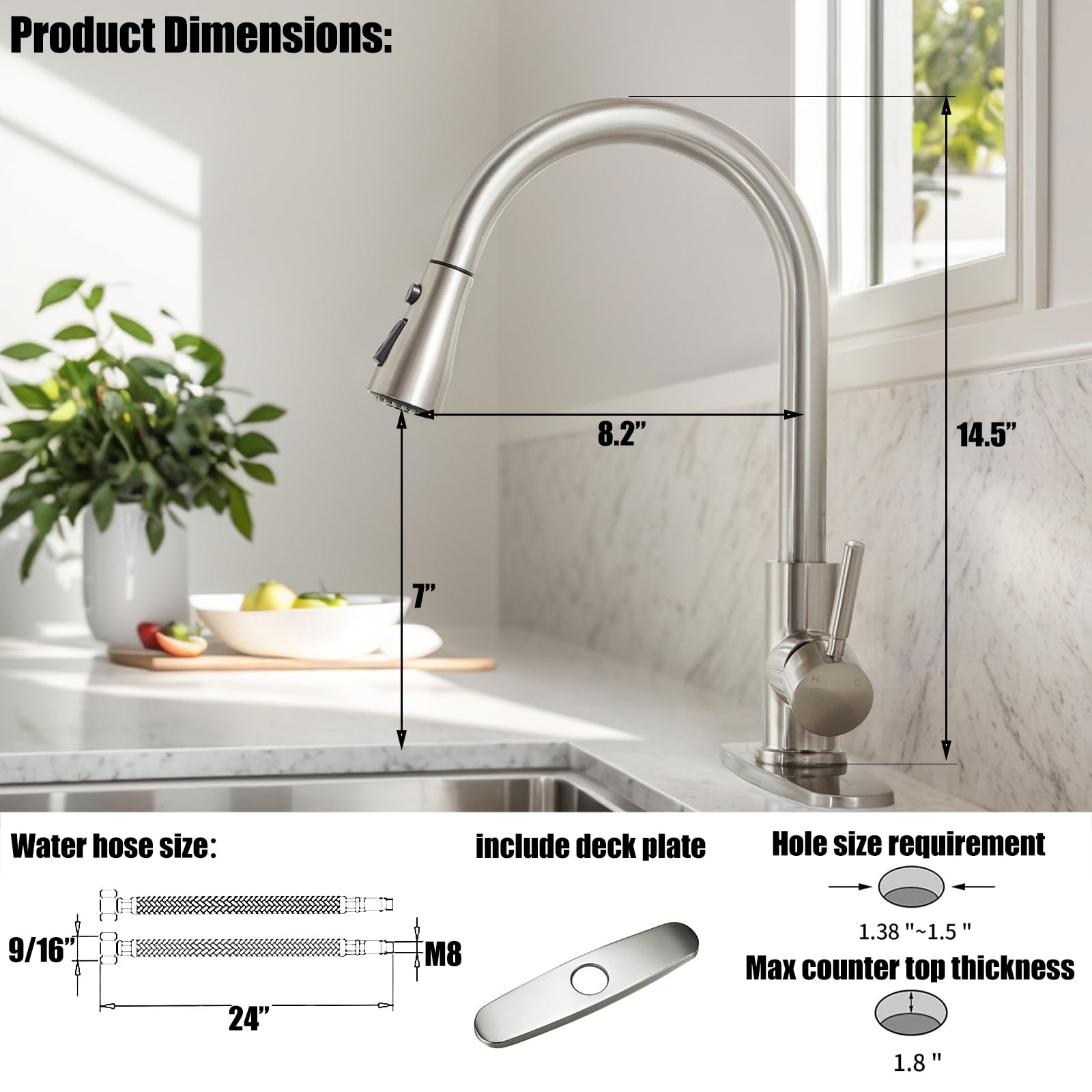Kingo Home Kingo Kitchen Faucet, Brushed Nickel Kitchen Faucets With Pull Down Sprayer, High Arc Single Handle Stainless Steel Sink Faucets 1 Or 3 Hole, Kitchen Sink Faucets For Farmhouse Camper Laundry Rv Bar