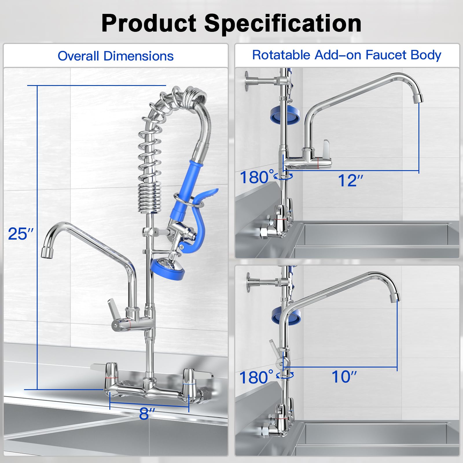 Akwadu Commercial Faucet With Sprayer For Kitchen Sink : Wall Mount Commercial Kitchen Faucet With Sprayer For Compartment Sink - 25" Height 8" Center Pre Rinse Faucets With 10 Inches Add-On Spout