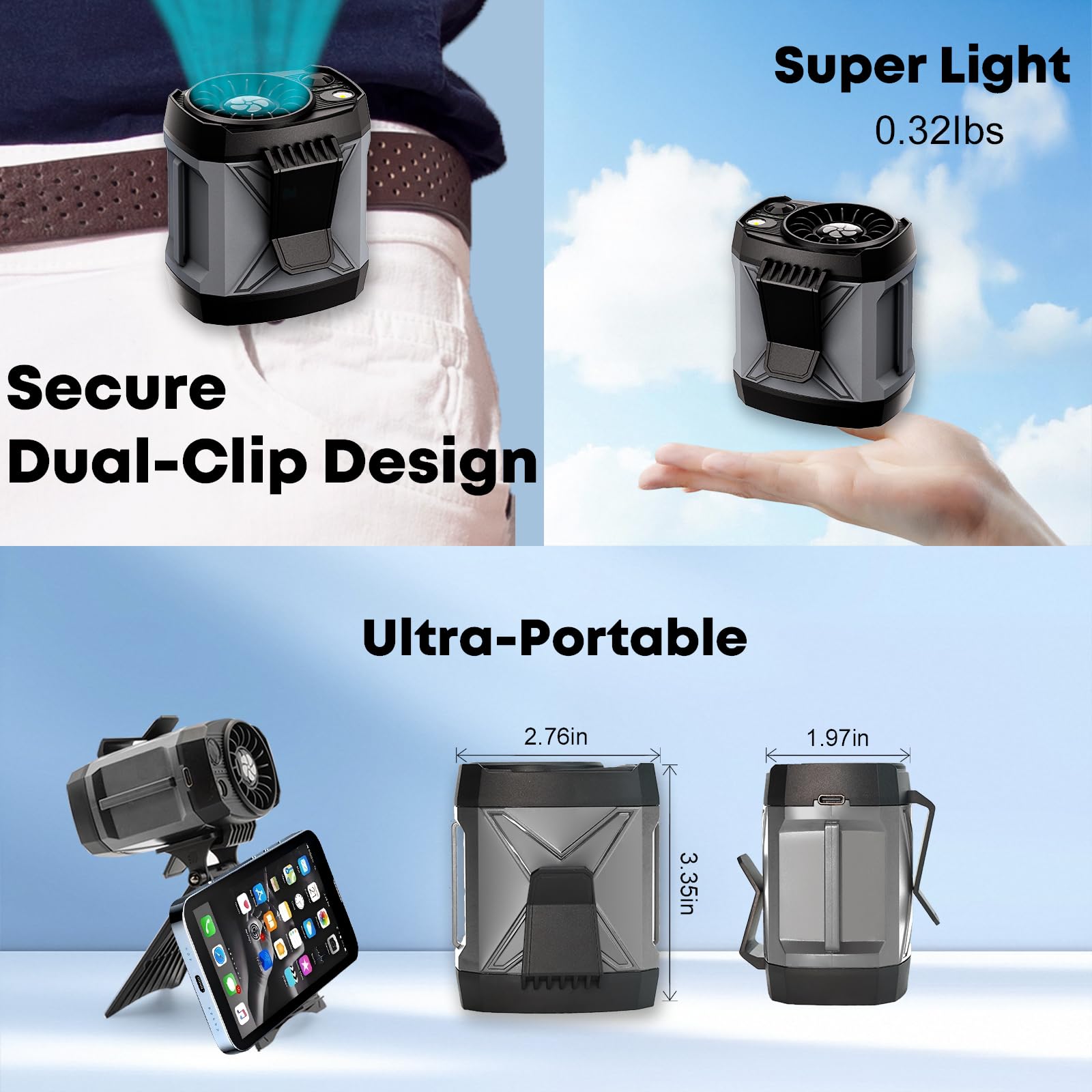 Portable Fan Rechargeable,4 Speeds Strong Airflow Small Fan Waist,Battery Powered,For Travel Camping