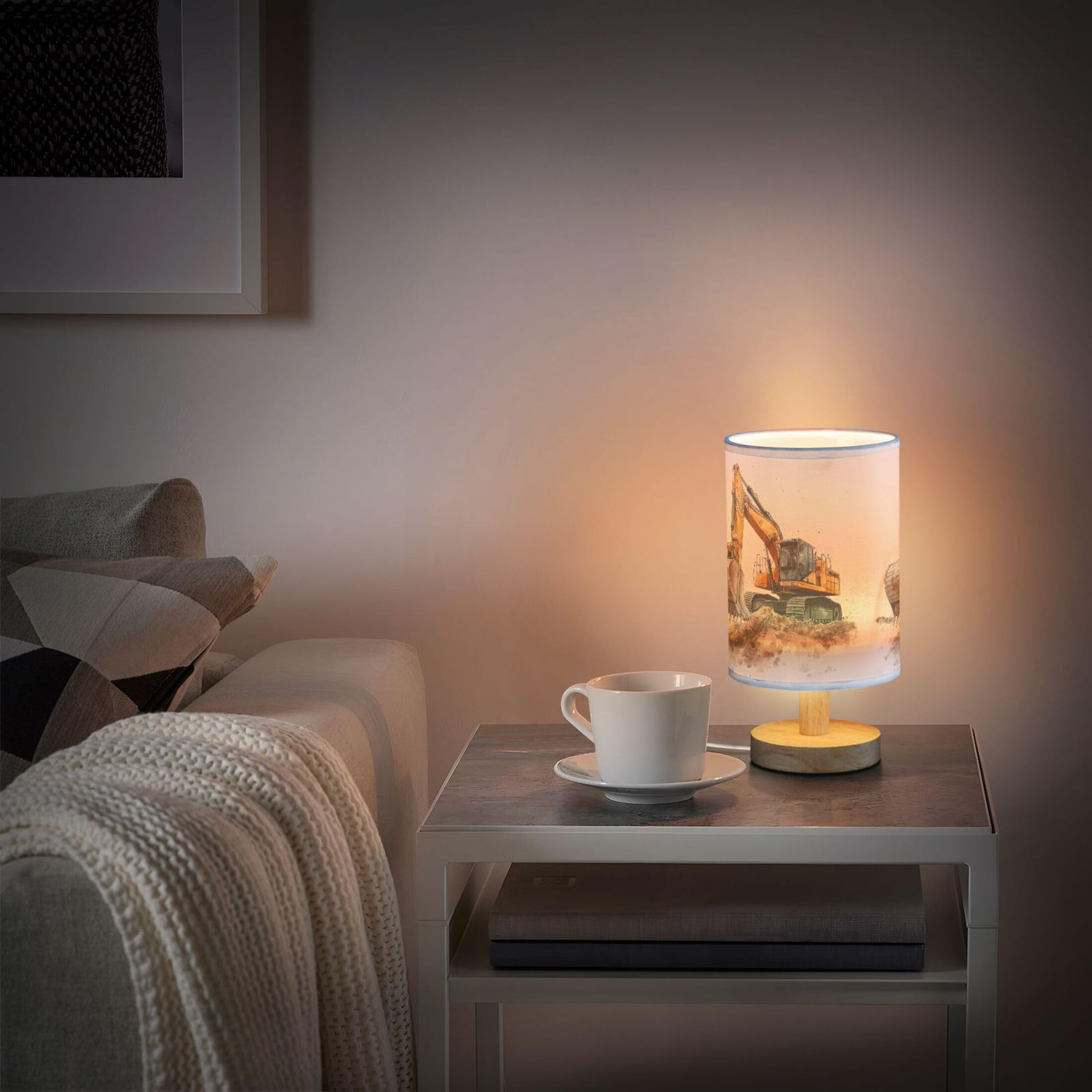 Yyzzh Table Lamp Construction Car Excavator Painting Nightstand Lamp With Wood Base Fabric Lamp Shade Bedside Desk Lamp For Living Room Bedroom Kids Room Office