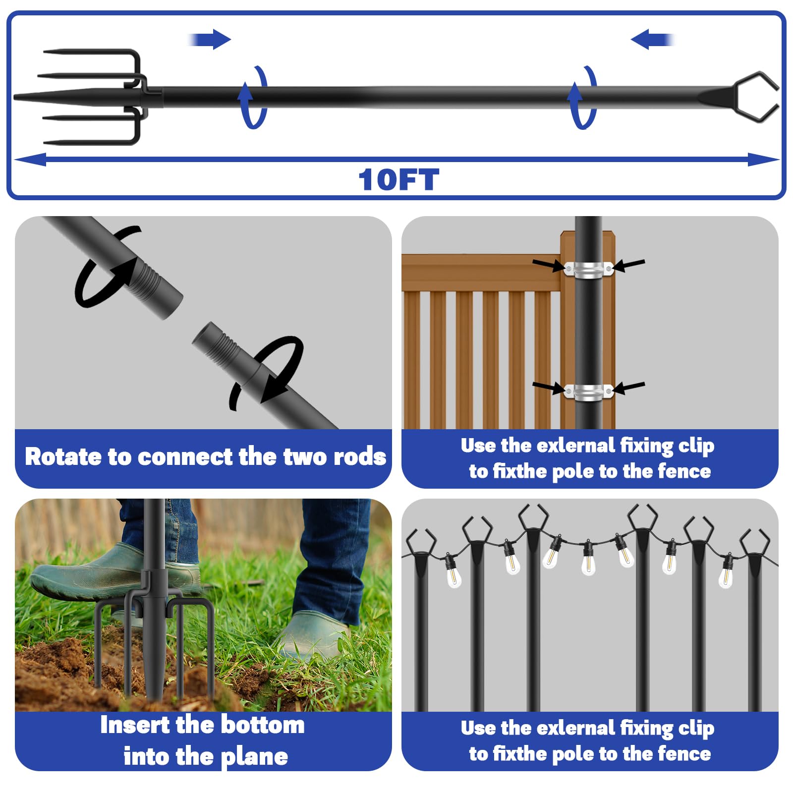 Talkhigh 6 Pack 10 Ft Heavy Duty Metal String Light Poles Adjustable Outdoor Lighting Stand For Patio,Backyard,Garden,Party & Wedding Rustproof & Sturdy With Hooks
