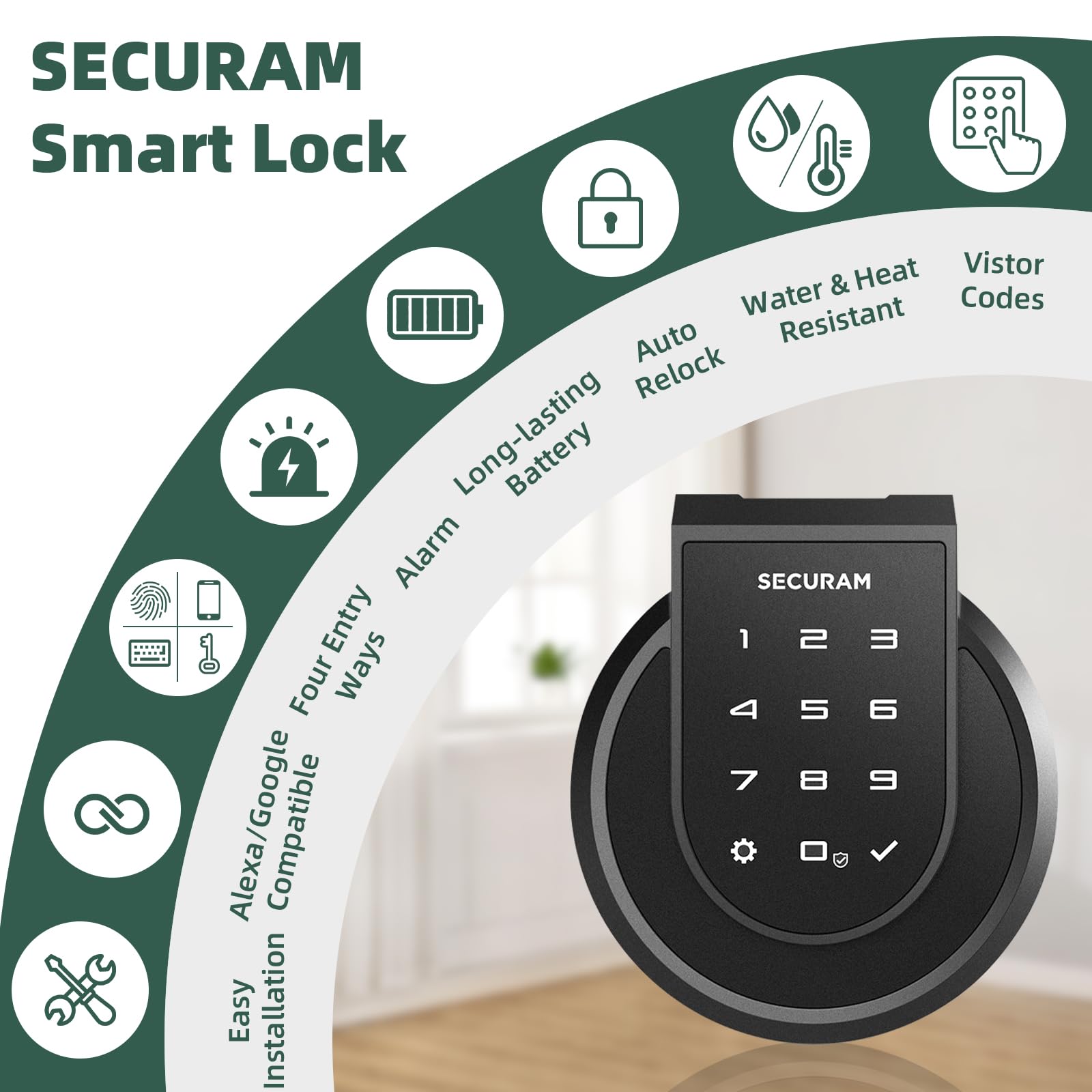 Securam Touch Fingerprint Smart Lock, Black, Biometric, Bluetooth Enabled, Auto Lock, Voice Control Via Alexa Or Google