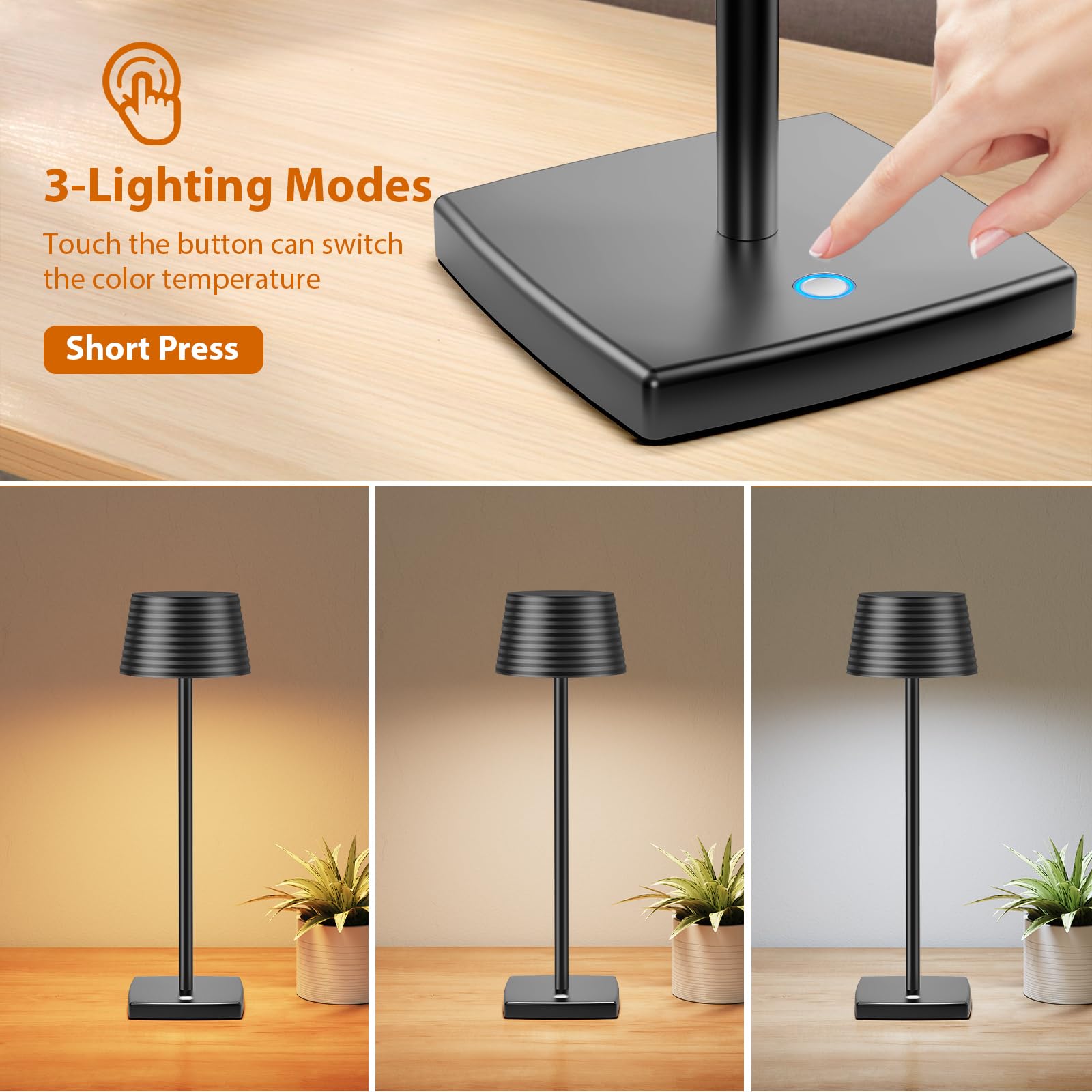 Yiben Led Rechargeable Cordless Table Lamp, Battery 6000Mah Usb Led Portable Powered Desk Lamp, 3 Levels Brightness Night Light For Restaurants Bars Outdoor (2Pack Black)