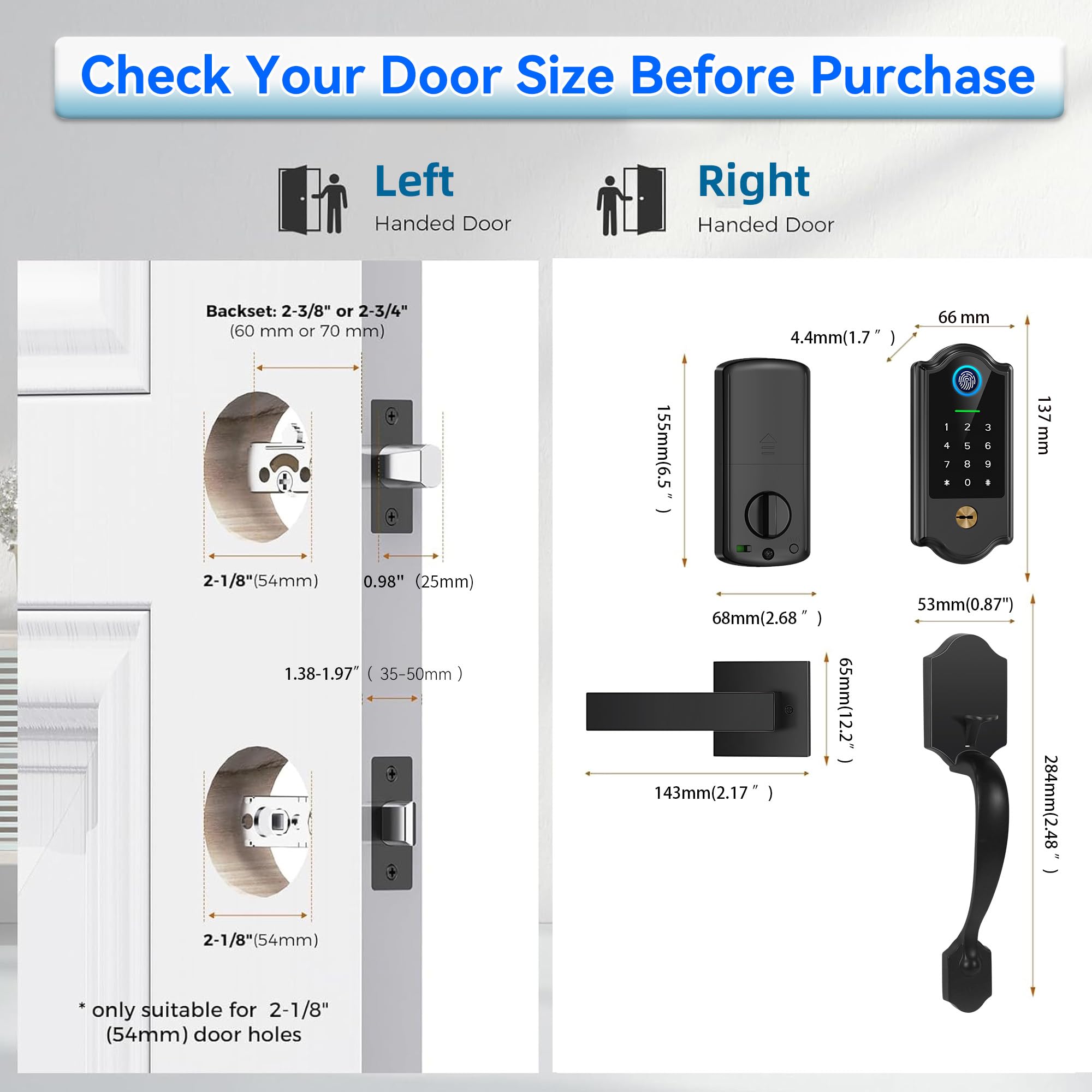 Yosimika Smart Fingerprint Door Lock For Front Door – Keyless Entry Deadbolt With Handle Set, Digital Keypad, App Control, Auto Lock, Easy Install, Matte Black