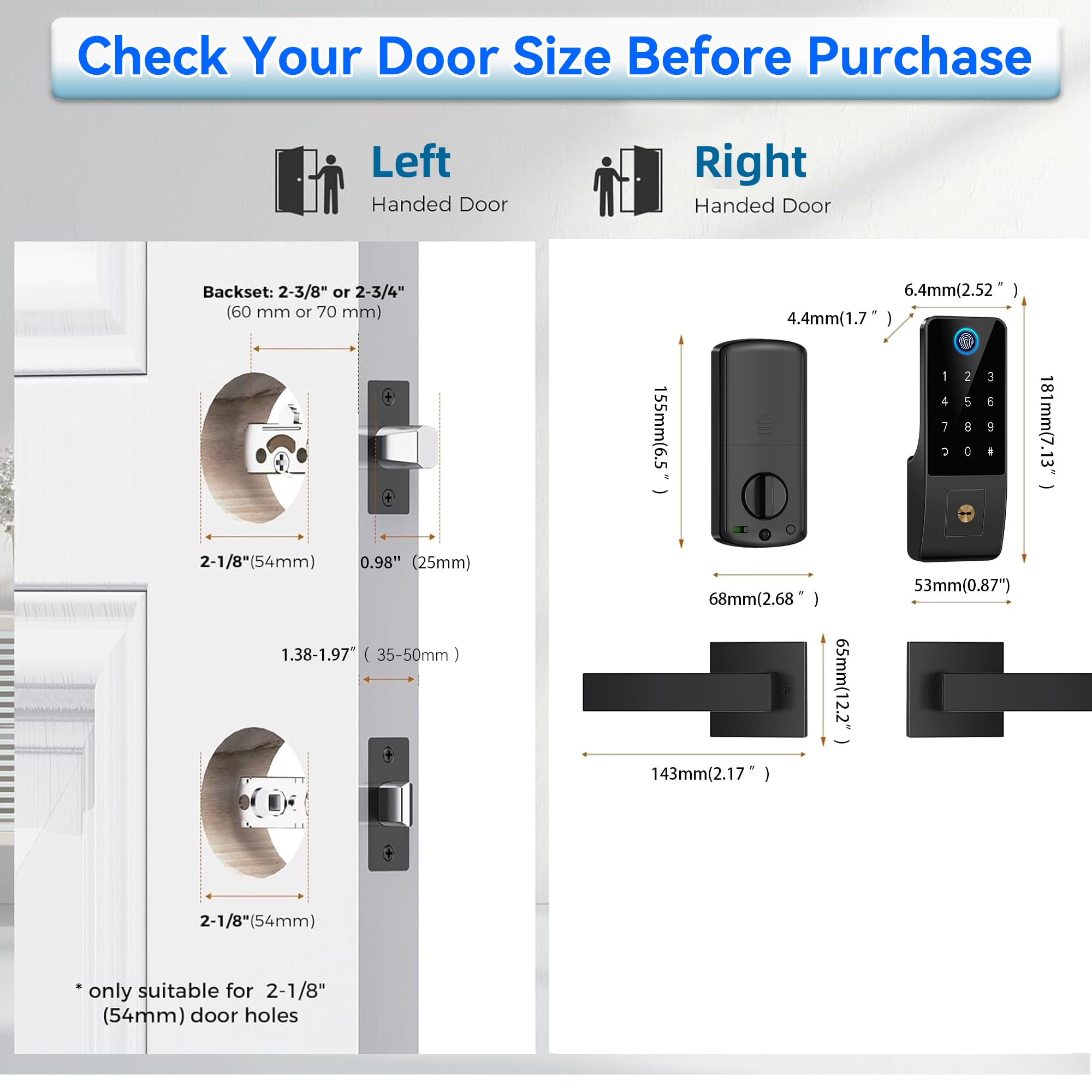 Yosimika Smart Fingerprint Digital Door Lock - Keypad Lock And 2-Lever Handle Set,Keyless Entry Deadbolt For Front Door, App & Voice Control, Auto-Lock, Anti-Peep,Matte Black
