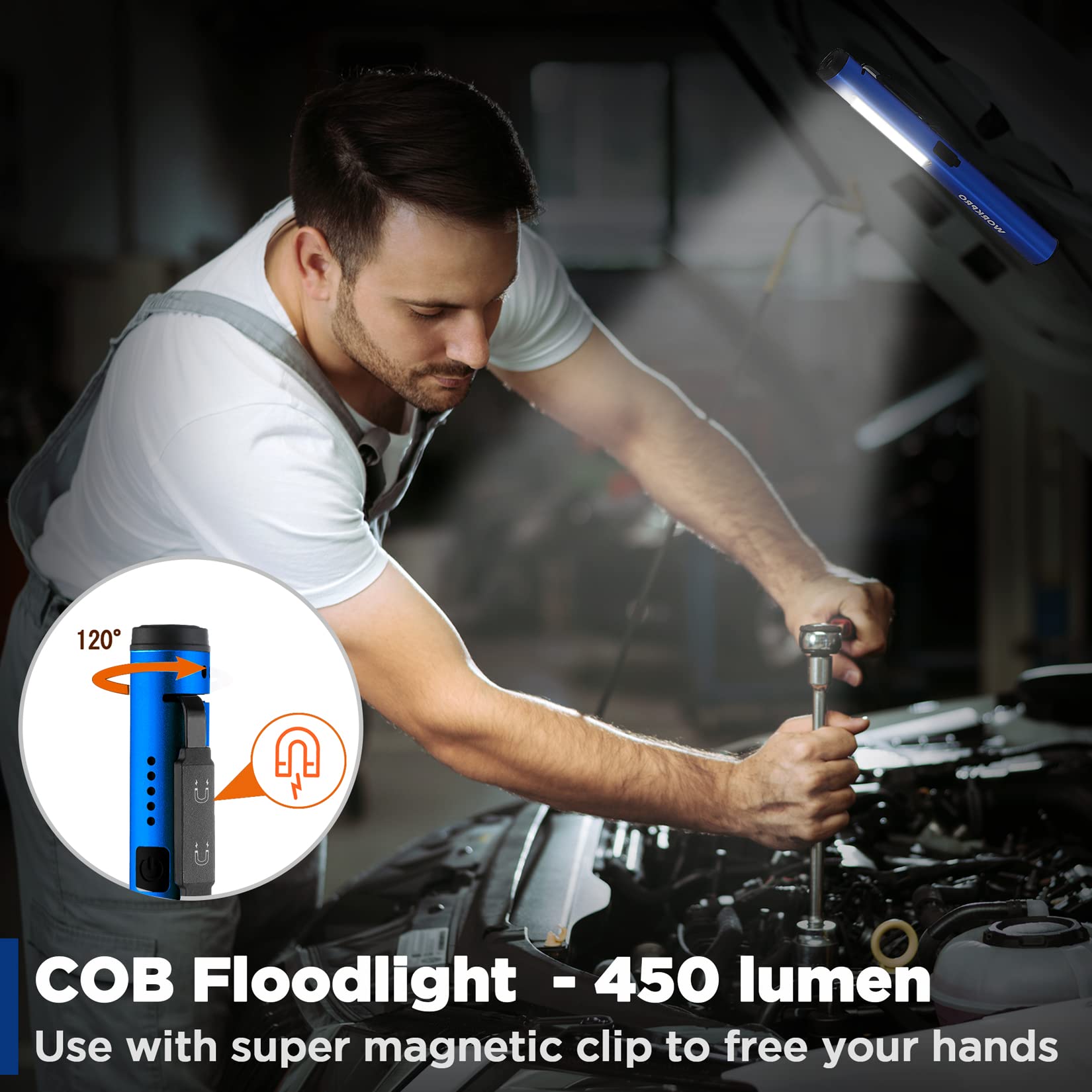 Workpro Rechargeable Flashlight, Led Pen Light With 365 Nm Uv Black Light, 450 Lumen Pocket Penlight, Magnetic Clip, For Hurricane Deluge Flood Emergency