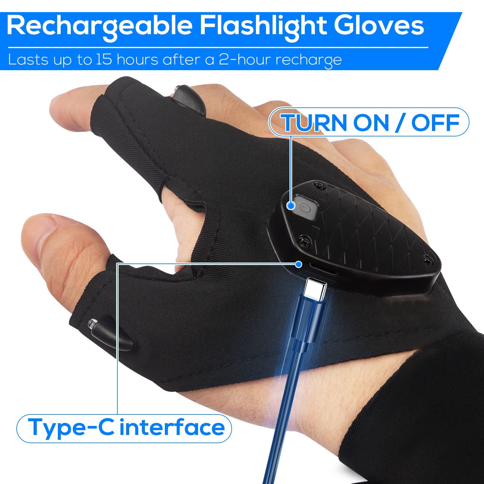 Moipejo Rechargeable Led Flashlight Gloves Waterproof, Birthday Christmas Valentines Father'S Day  For Men Dad From Daughter Son, Cool Gadget Tool Hands- Lights For Fishing Repairing Camping