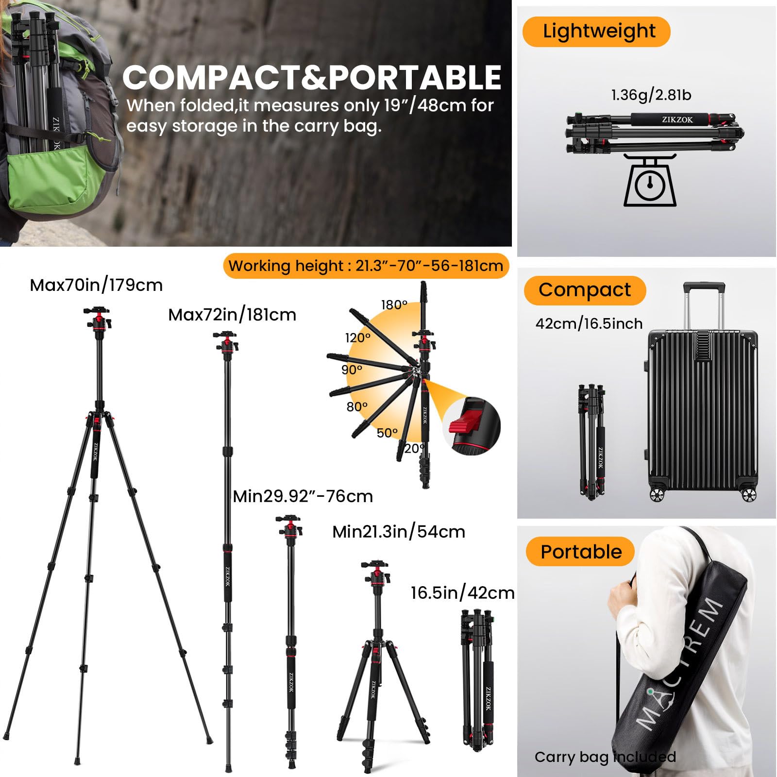 Zikzok 70" Tripod For Camera, Professional Aluminum Camera Tripod & Monopod With 360° Ball Head, Adjustable Lightweight Travel Tripod For Phone,Dslr,Tablet With Carry Bag