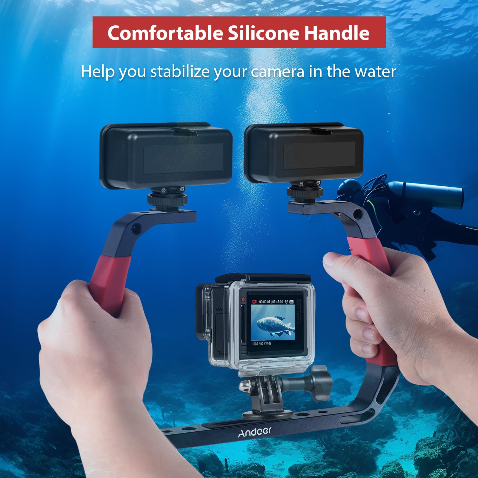 Andoer Submersible Stabilizer Mount, Handheld Stabilizer For Action Camera With Mounts For Cold Shoes Strap Compatible With Gopro Hero 12/11/10, Dji Osmo Action 4/3/2, Insta360, Red