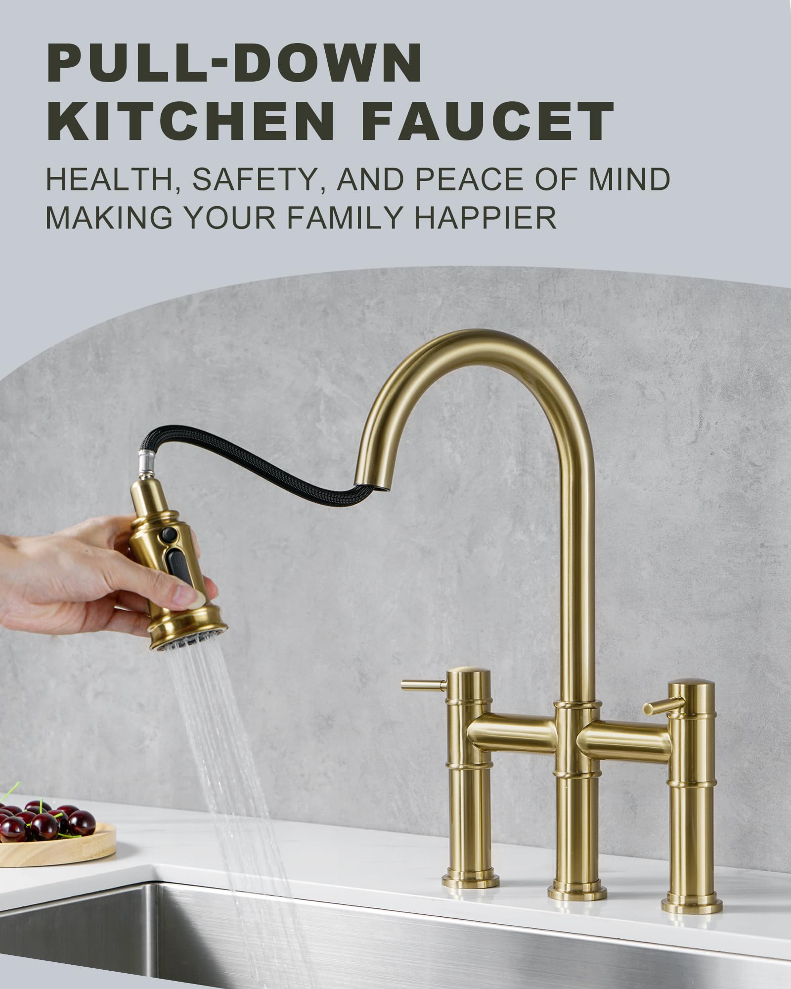 Iviga Bridge Faucet For Kitchen Sink: Gold Farmhouse 3 Hole Kitchen Faucet With Pull Down Sprayer (3 Spray Modes) - 2 Handle High Arc Brass Faucet With 360° Swivel, With Supply Lines