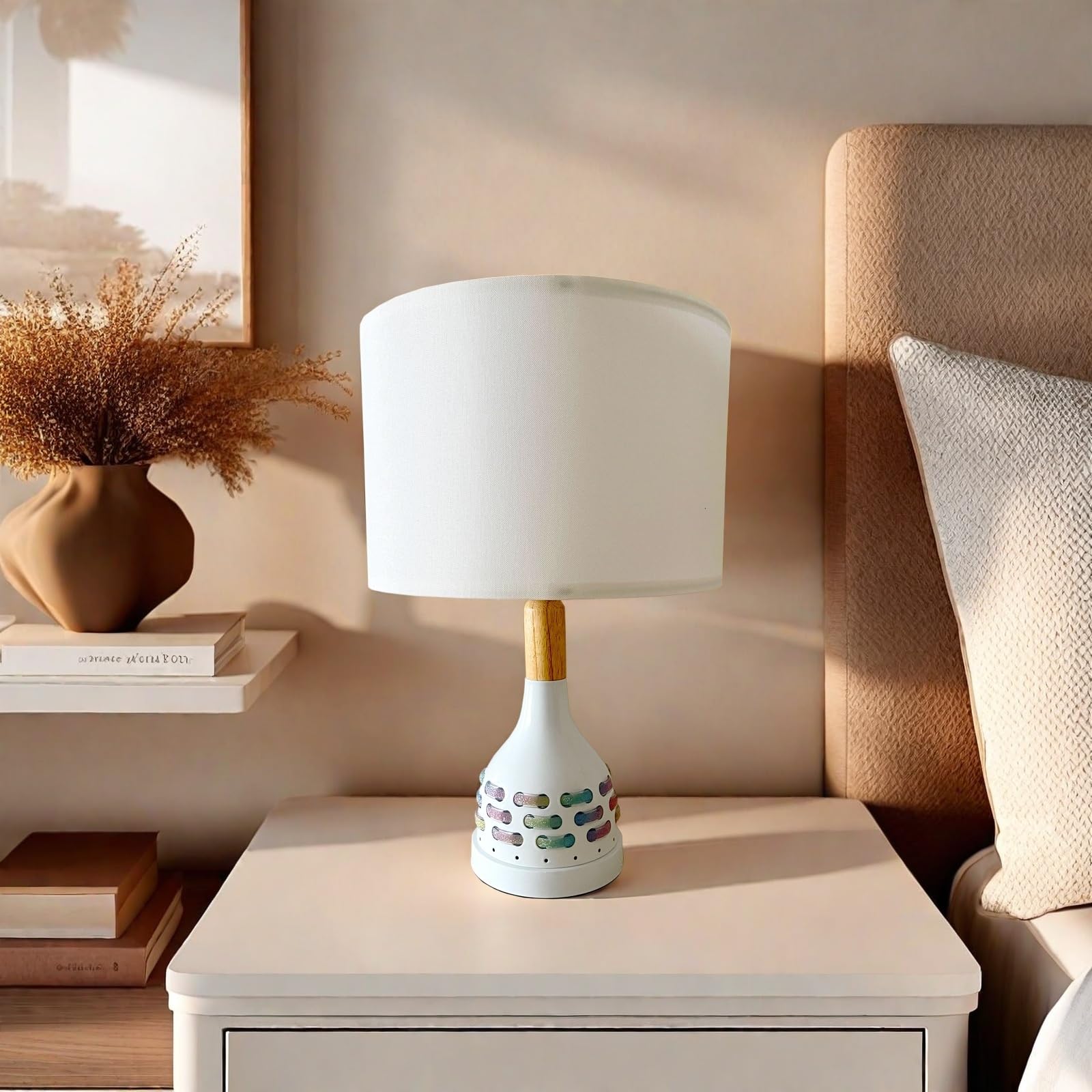 Jingoe 17'' Modern Bedroom White Table Lamp Set Of 2 With Night Light For Bedroom Living Room Bedside Nightstand Lamp Farmhouse (Includes 2 Bulbs)