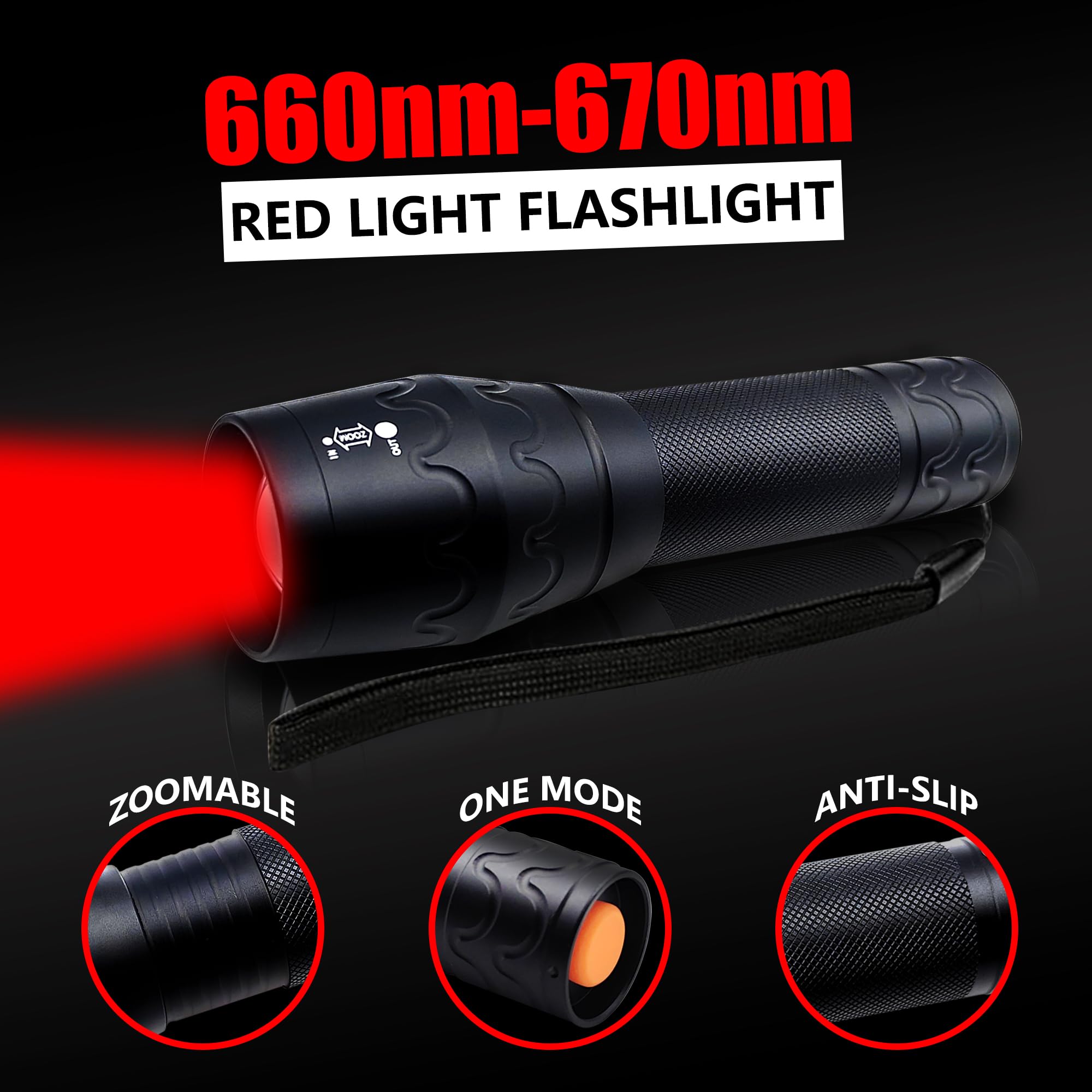 Fadomall Red Light Led Flashlight 660Nm - 670Nm, Single Mode, Zoomable Flashlights For Hunting, Night Observation, Astronomy