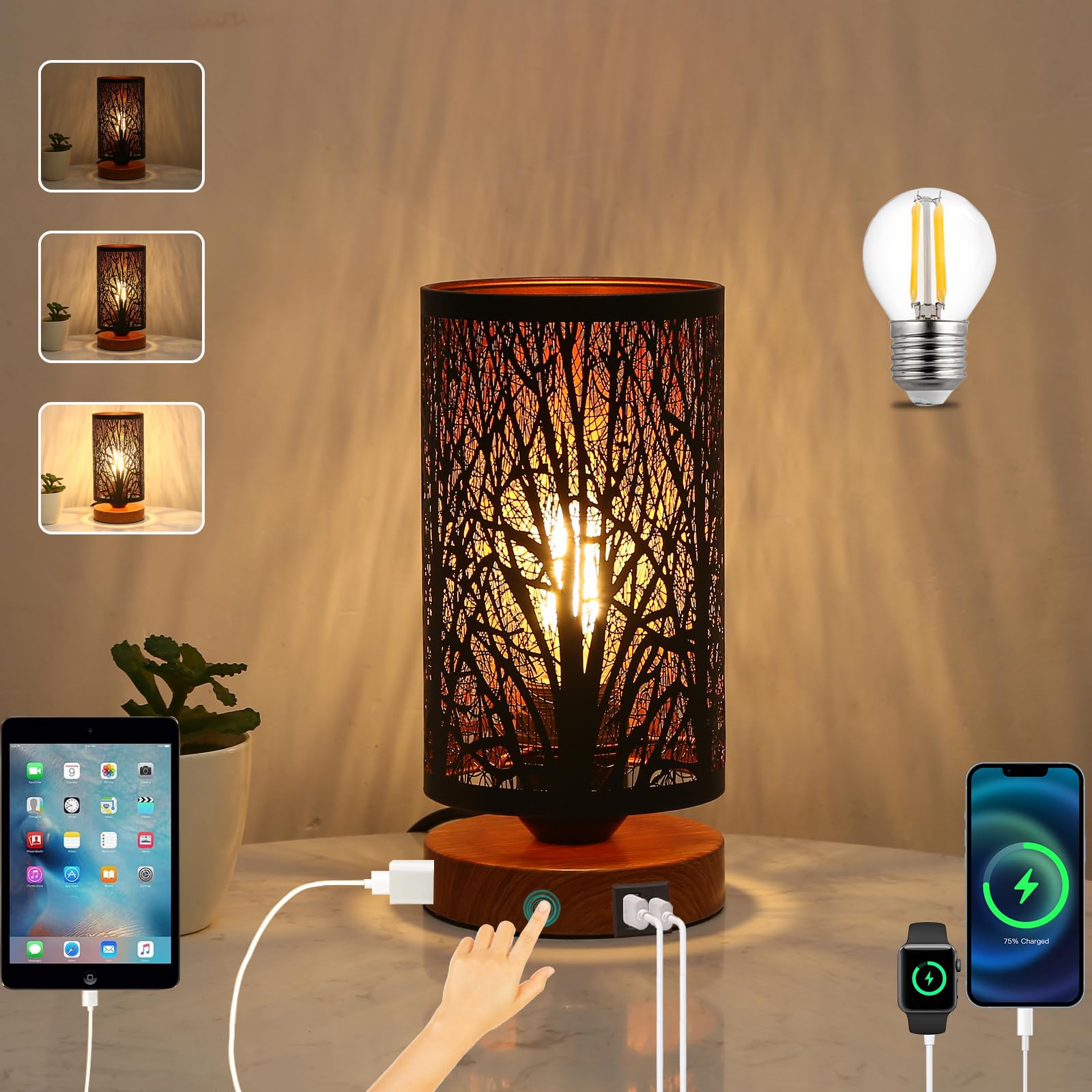 Tingsize Table Lamp For Night Stands, Bedside Lamp With Usb Port And Outlet, Touch Lamps For Bedroom, Bed Lamp With Metal Shade For Home Deor,Led Bulb Included