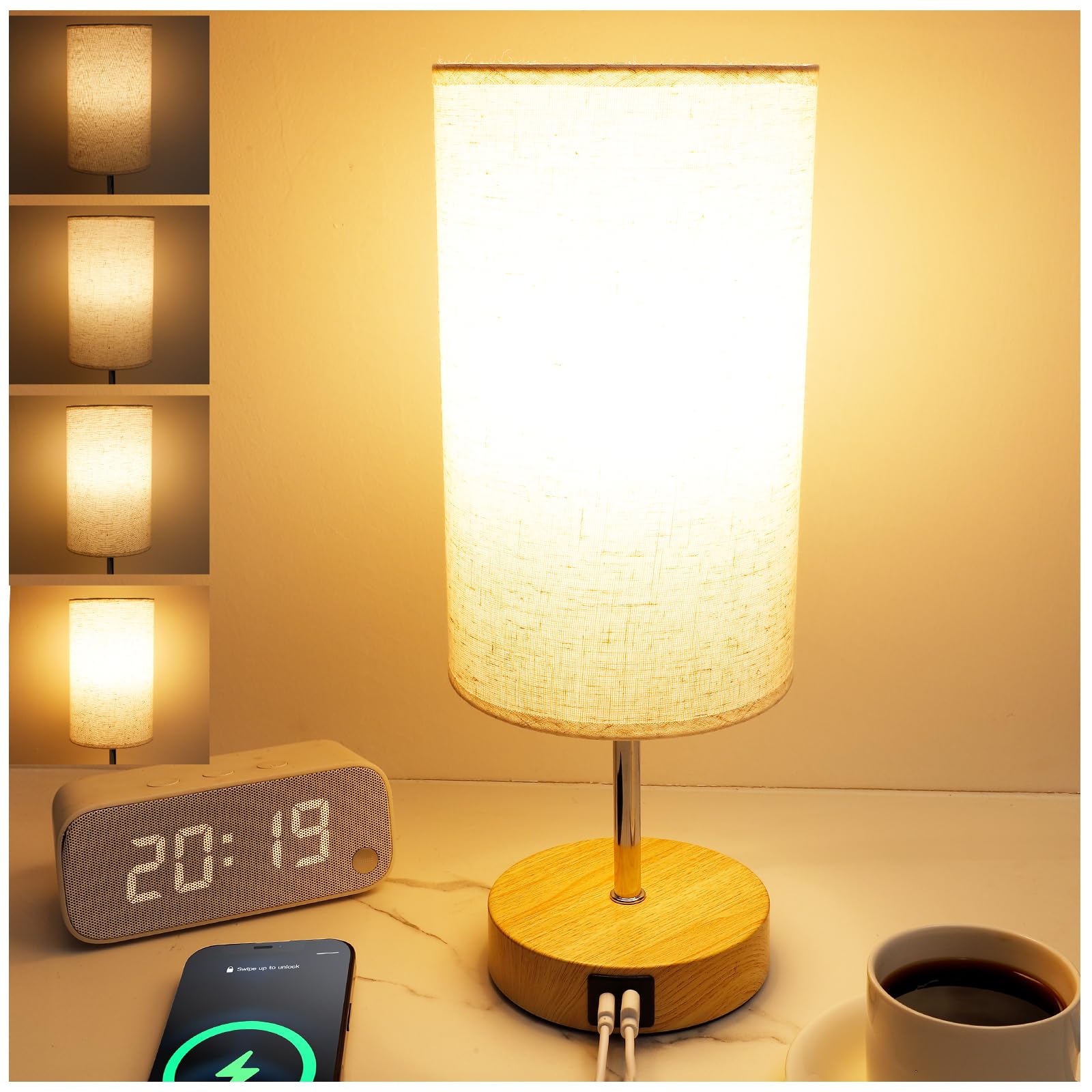 Unifun Bedside Table Lamp For Bedroom - 4 Way Dimmable Touch With Usb And Type-C Charge Port, Small Wood Base Round Flaxen Fabric Shade For Living Room (Yellow Color Base)