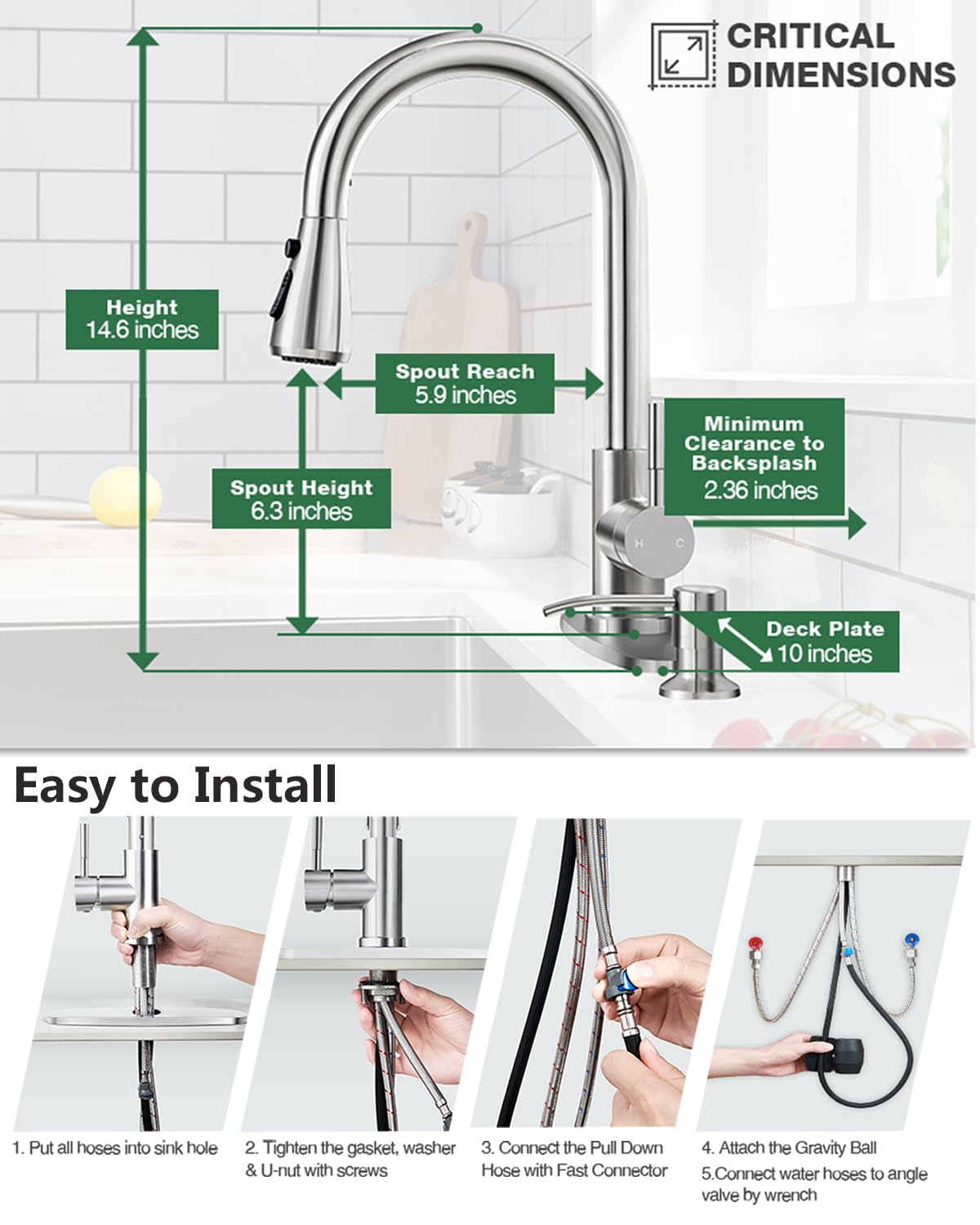 Ceihnau Kitchen Faucets With Soap Dispenser, Stainless Steel Kitchen Sink Faucet With Pull Down Sprayer, 3 Mode High Arc Brushed Nickel Single Hole Pull Out Faucet For Bar Laundry Rv Utility Outdoor