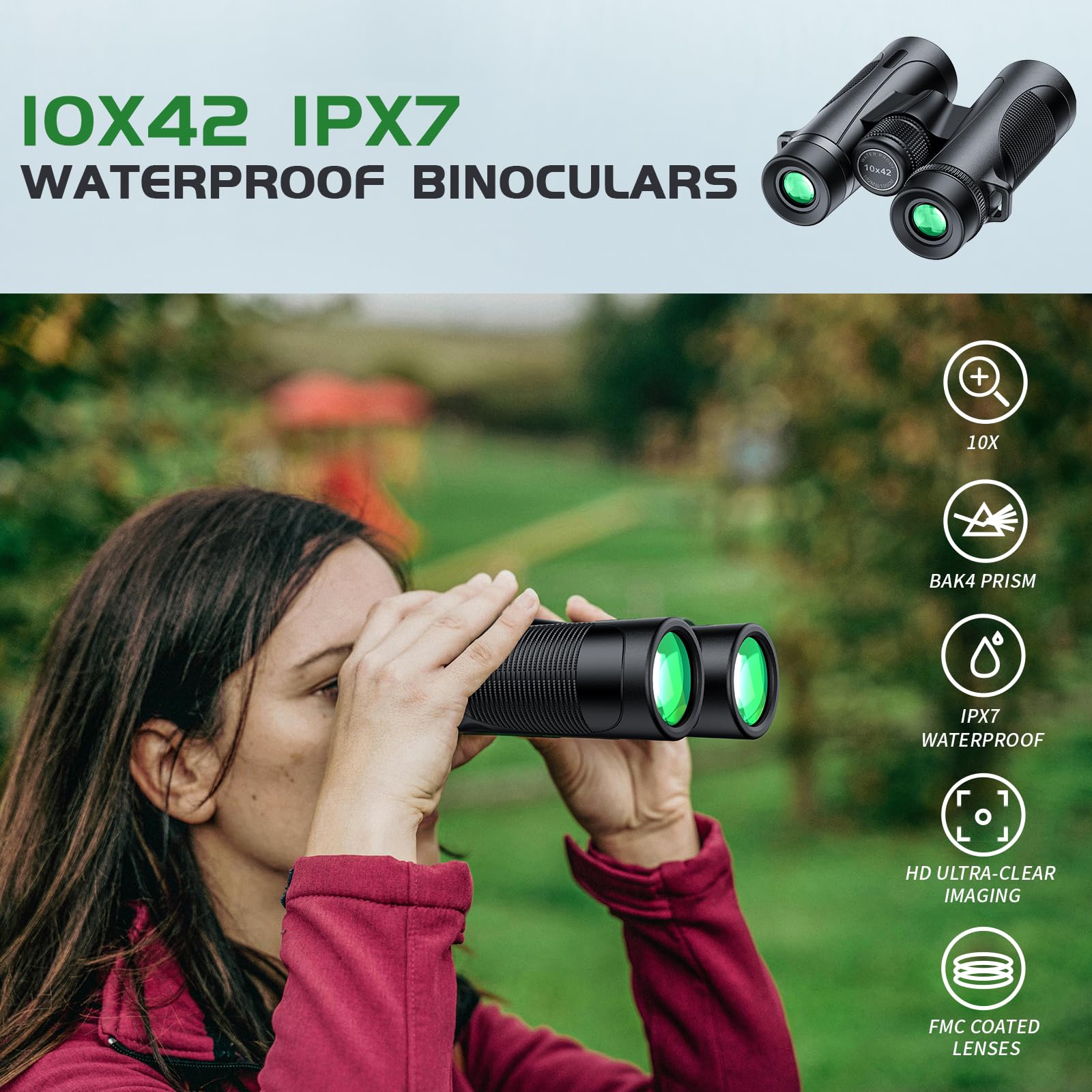 Thclus Binoculars For Adults, 10X42 Hd High Powered Large Eyepiece Fmc Lens Bak4 Prism Wide-Field Ipx7 Waterproof Anti-Skid Anti Fog Easy Focus Binoculars For Bird Watching Travel Cruise