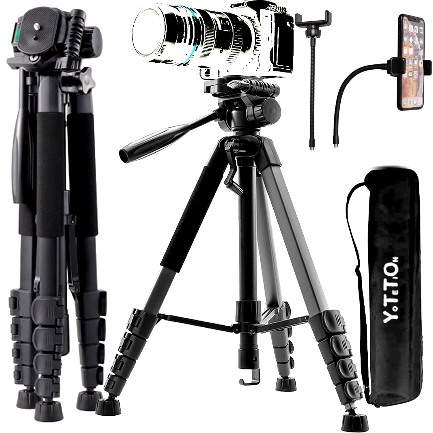 Yotetion 75 Inch Aluminum Phone & Camera Tripod With Gooseneck Stand, Extendable Cell Phone Tripod Stand Compatible With Iphone/Android/Action Camera Is Perfect For Live Streaming/Video Recording/Selfies