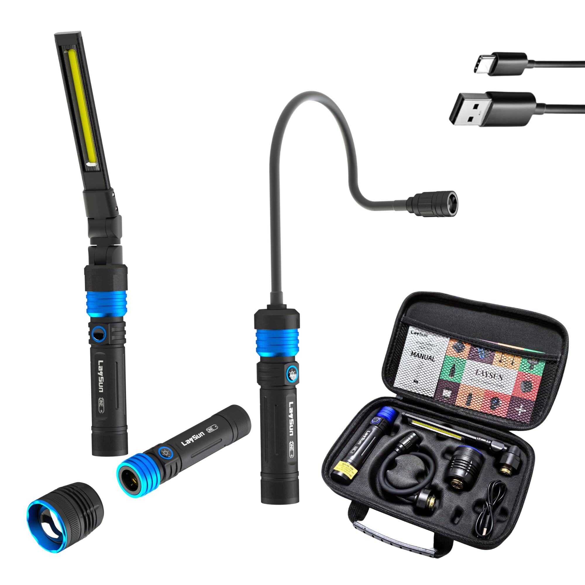 Laysun 3 In 1 Quick Connect Rechargeable Led Work Light Kit With Magnetic Base, 900Lm Zoom Led Flashlight With Flexible Gooseneck Light And Slim Bar Light, 4000Ma Battery And Usb-C Charge