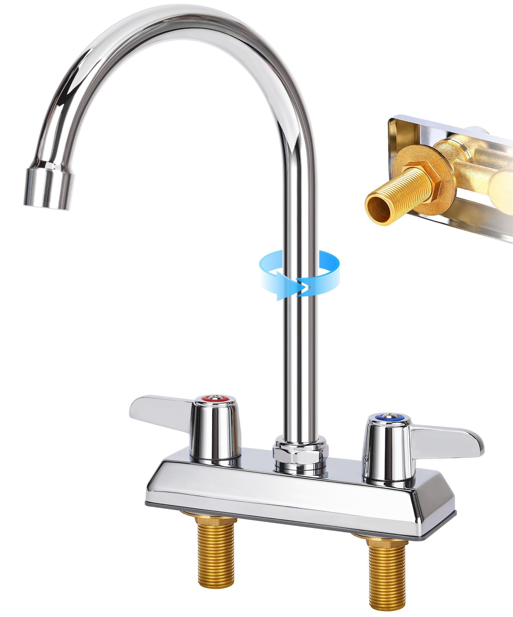 Bietor Commercial Bar Sink Faucet,4 Inch Center Deck Mount Utility Sink Faucet, 2 Hole Brass Constructed,Chrome Polished With 6" Gooseneck Spout And 90°Rotatable Dual Lever Handles.