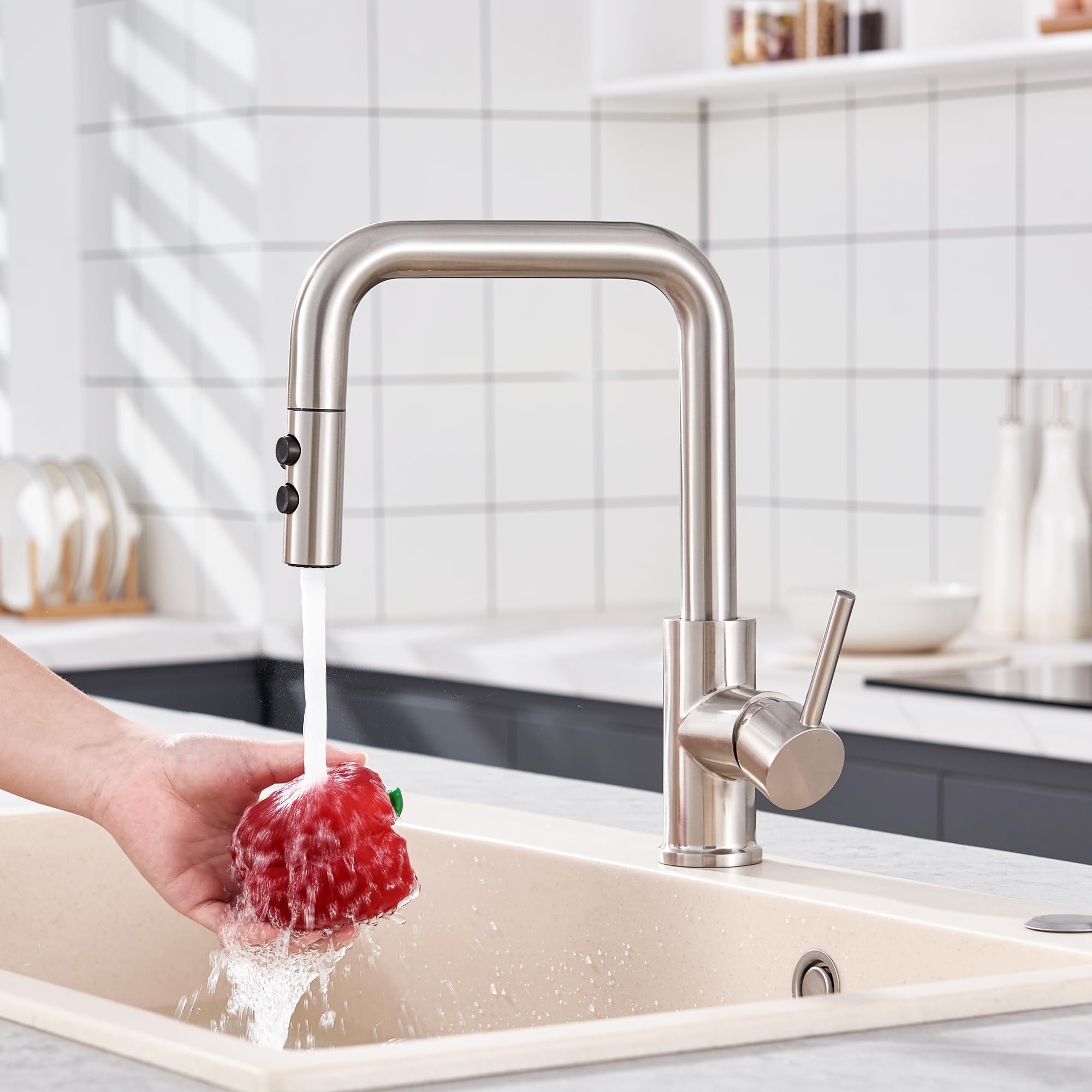 Tioriy Metal Kitchen Faucet Head Replacement, Pull Down Spray Head With 15 Adapters, 2 Function Kitchen Sink Spray Nozzle, Stainless Steel, Brushed Nickel