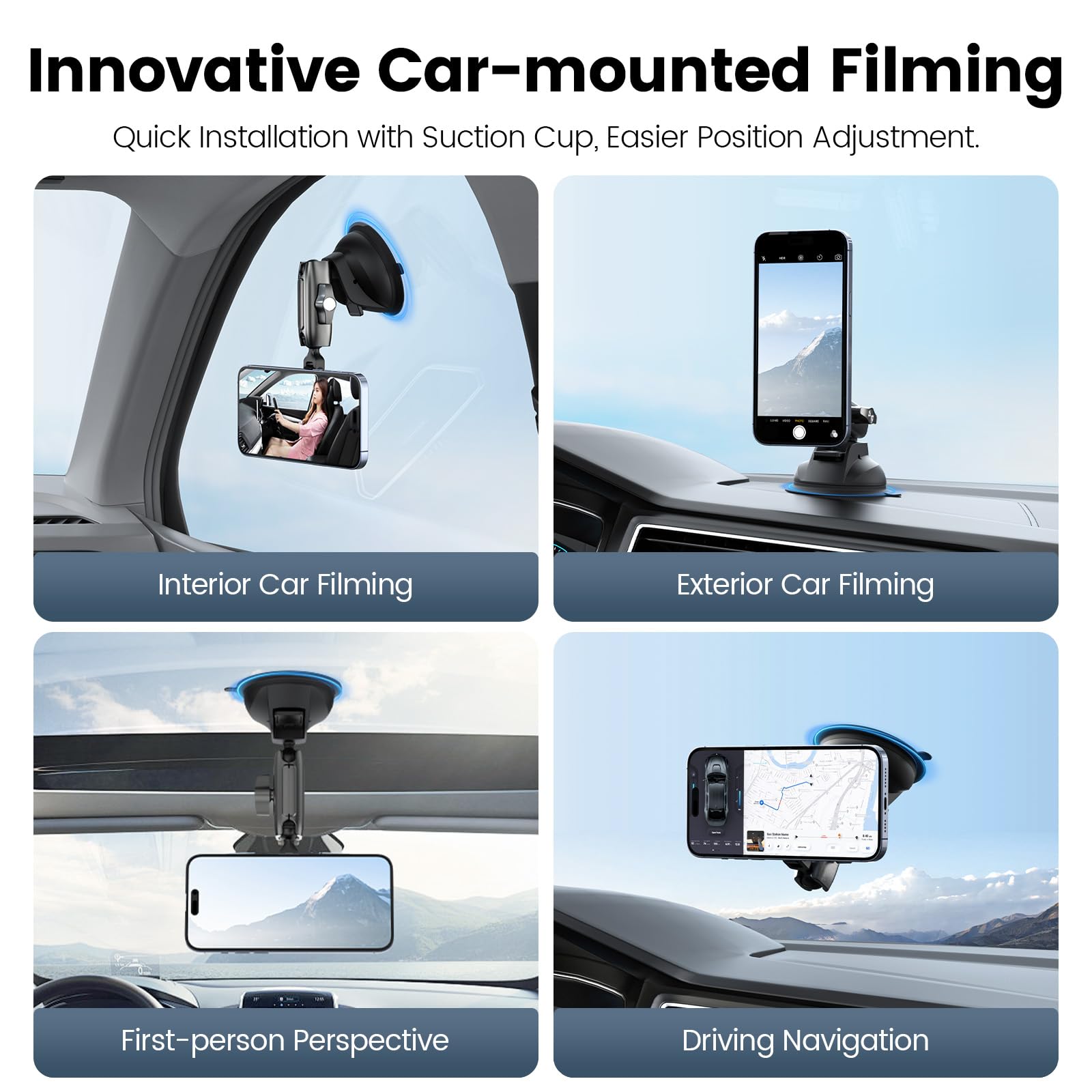 Telesin Telesin° Magnetic Aluminum Suction Cup Car Phone Holder For Video Recording, 360° Adjustment Car Phone Mount Dashboard Phone Holder For Magsafe, Windshield Window Dash Vent Mount For Iphone Android