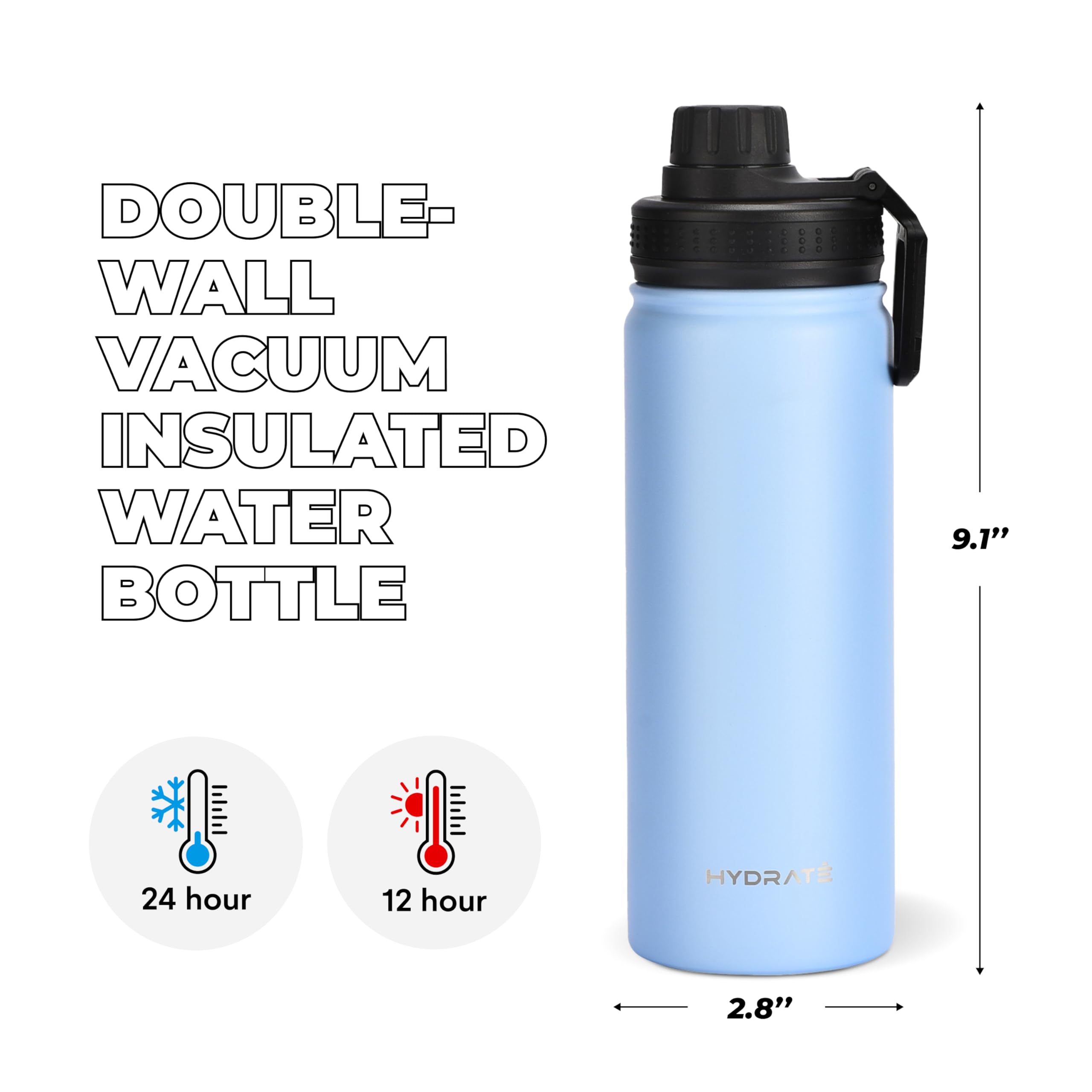 Hydrate Water Bottle Insulated - Stainless Steel Water Bottles - Reusable Flask With Leak-Proof