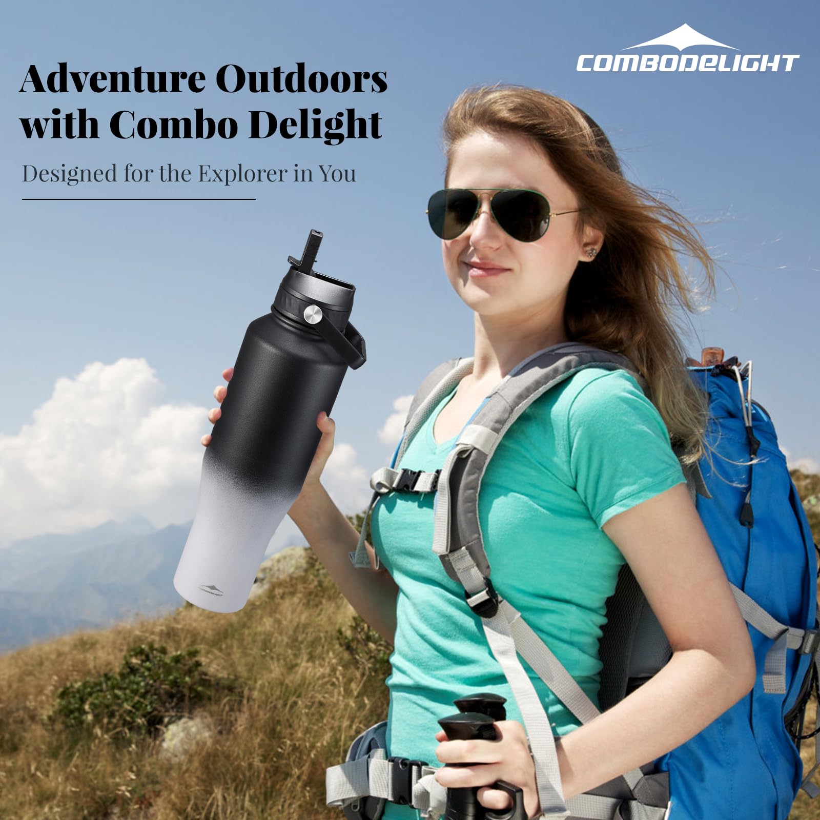 Water Bottle Insulated 40Oz Stainless Steel Tumbler With Straw/Spout Lids, Wide Mouth Double Wal