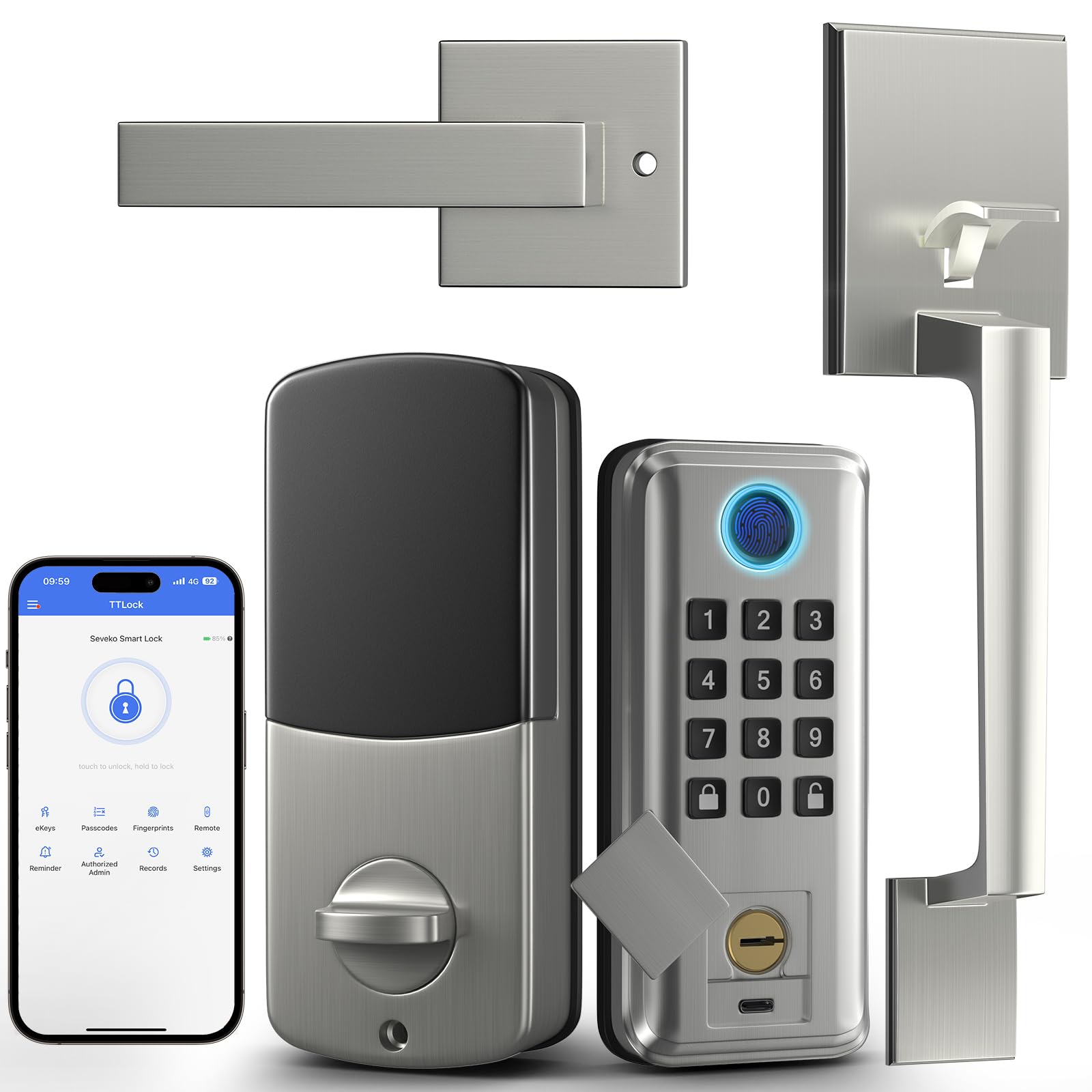 Seveko Keyless Entry Door Lock, Smart Locks For Front Door With Handle, Fingerprint Front Door Lock Set With App Control, Keypad Deadbolt Door Locks, Smart Lock Compatible With Alexa, Satin Nickel