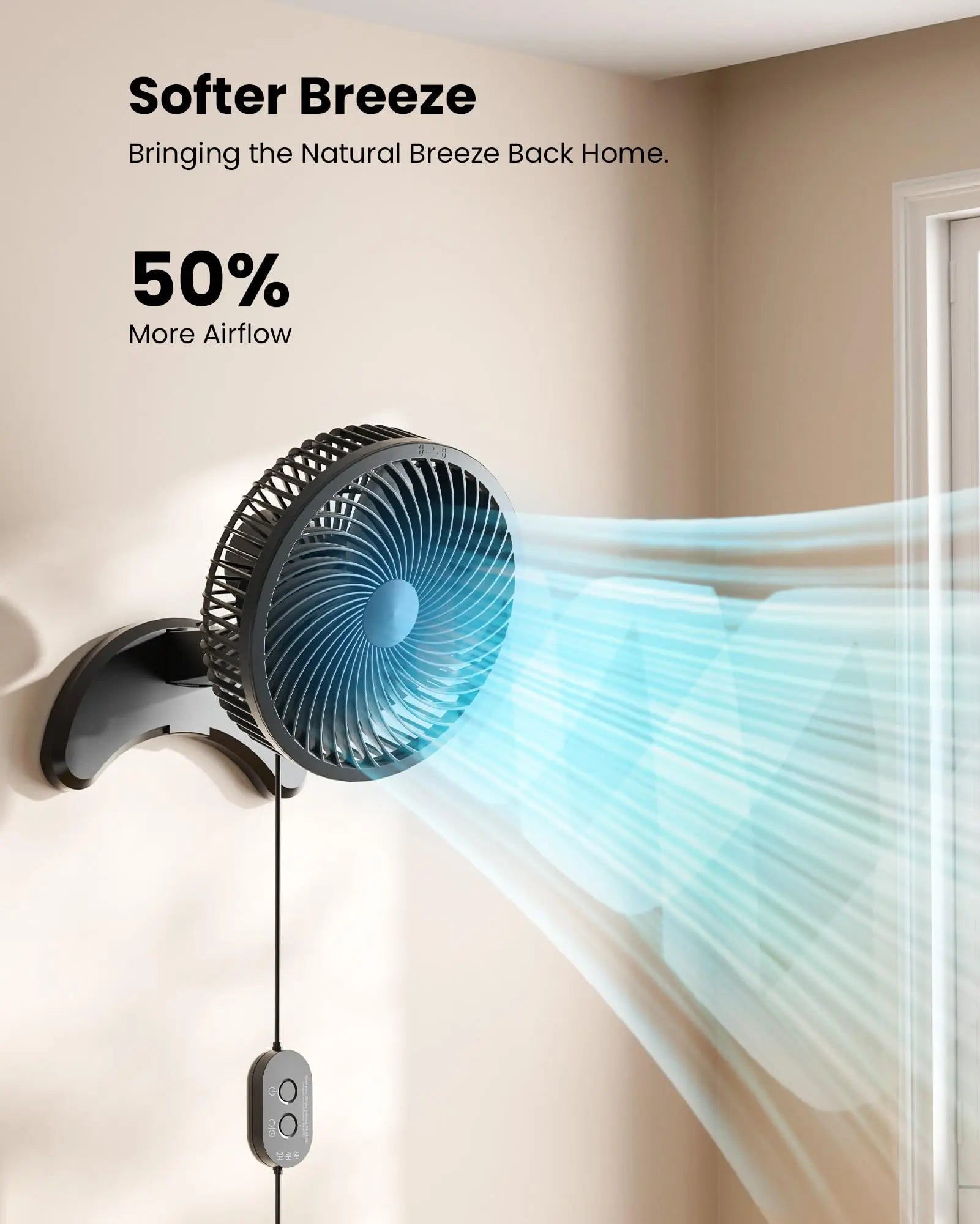 Koonie 8'' Wall Mount Fan, Quiet Small Wall Fan with Timer, 8.2ft Wired Remote, 80° Oscillation, 100° Adjustable - Koospark