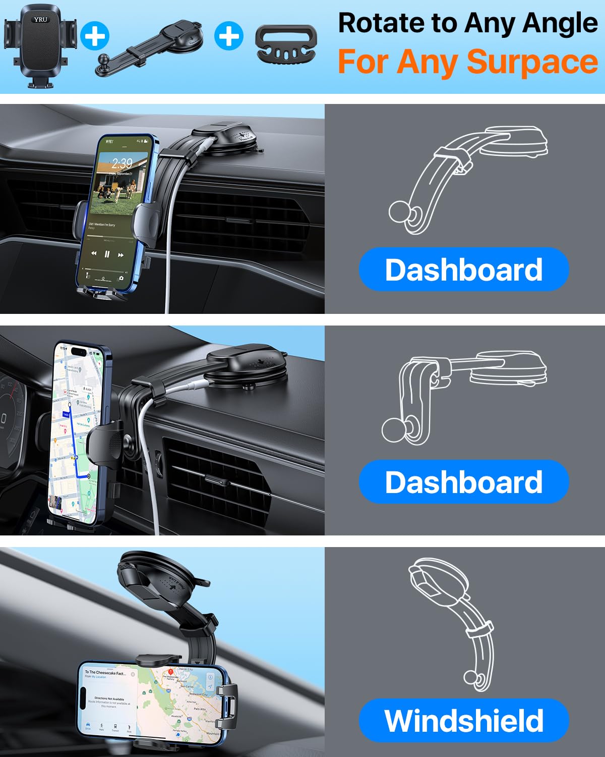 Yru  Best【Rotate 90+Lbs Safest Strongest Suction】 Ultimate Car Phone Holder Mount【Military-Grade & All Patent Safety Certs】 Dashboard Windshield For Iphone 16 15 Pro Max 14 13 Samsung, Black