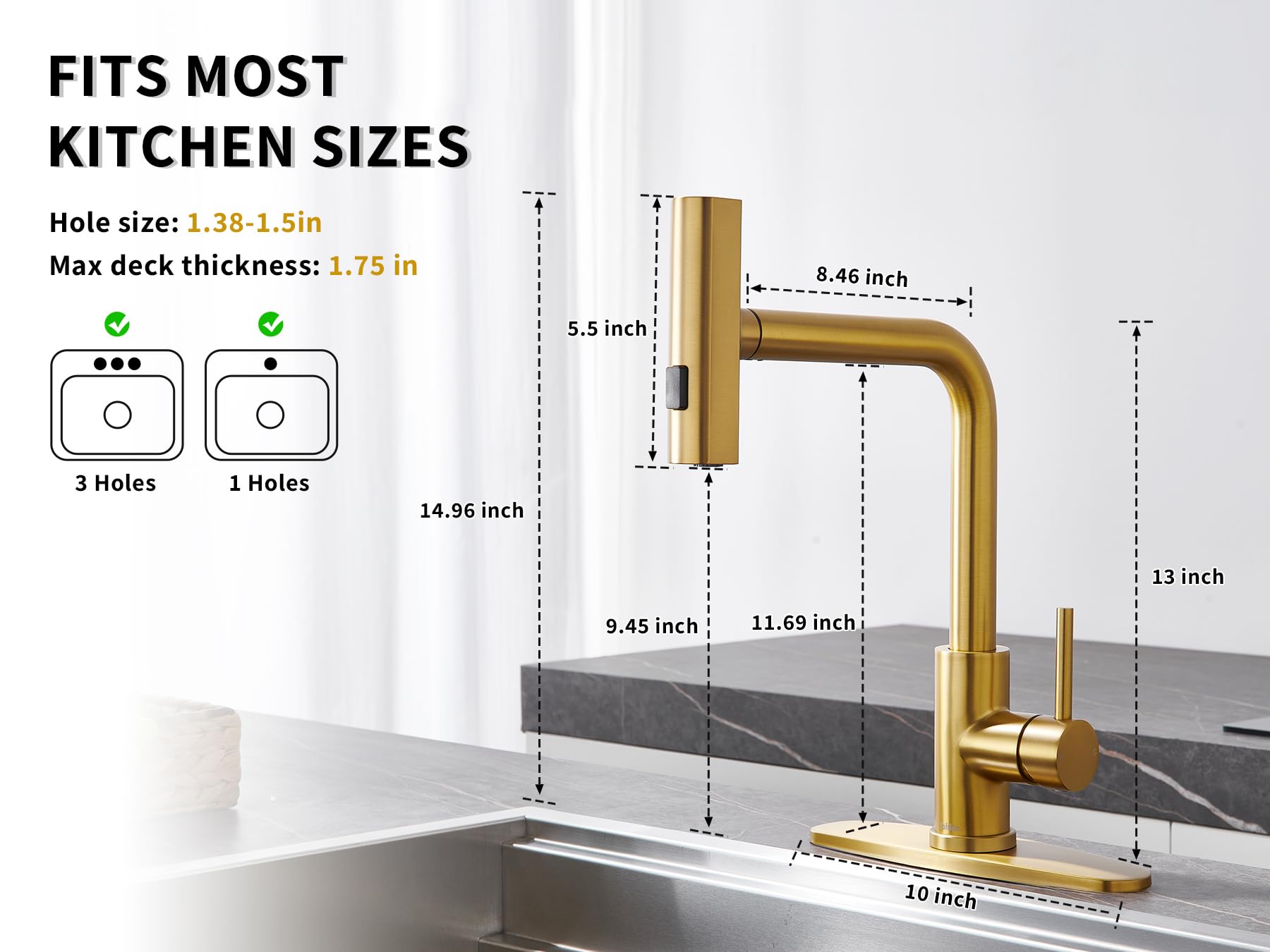 Tohlar Gold Kitchen Faucet, Waterfall Kitchen Faucet With Pull Down Sprayer, 3 Modes Sprayer Kitchen Sink Faucet Single Lever Handle Faucet For Kitchen Sink, Brushed Gold
