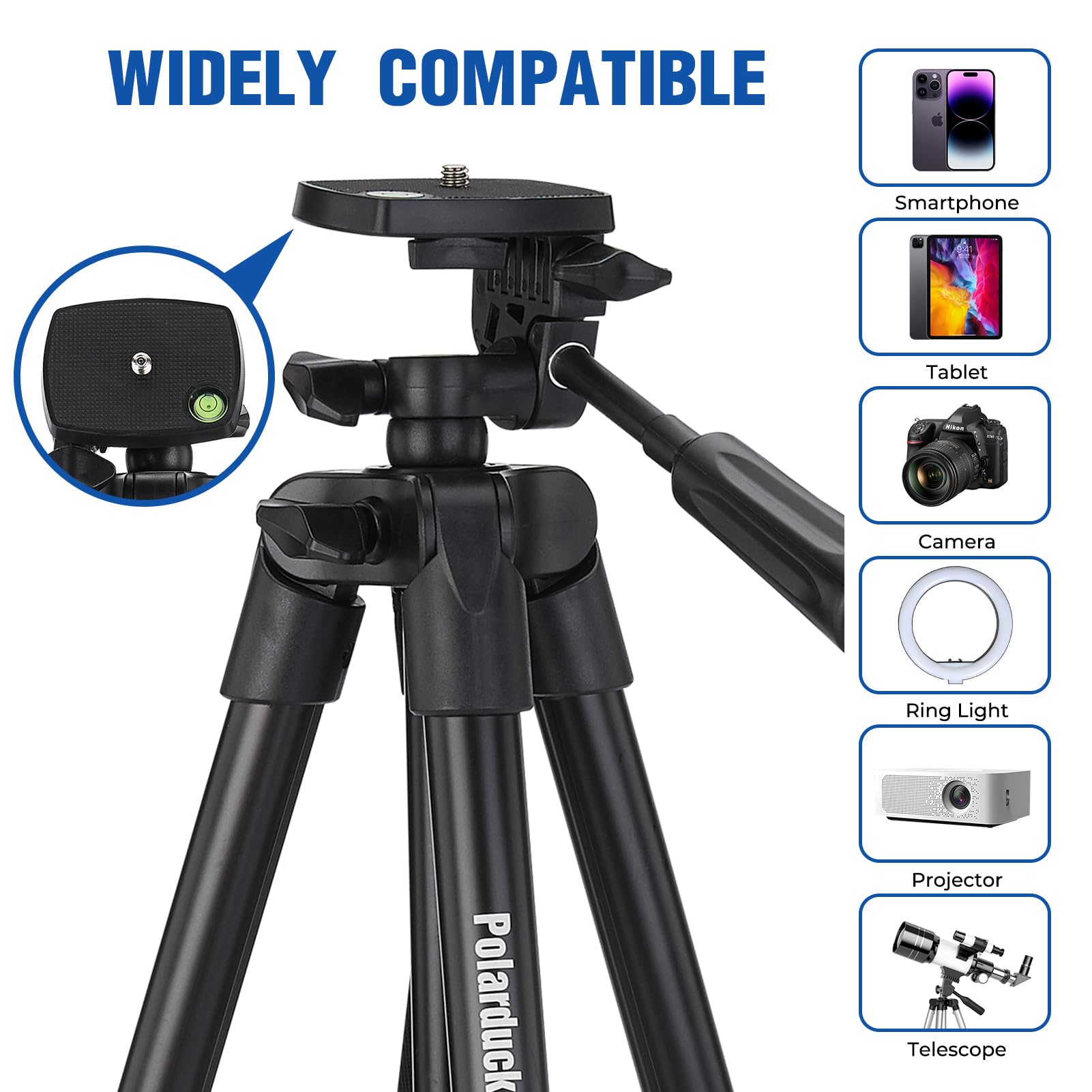Polarduck 60" Camera Phone Tripod Stand For Iphone And Ipad Compatible With Canon Rebel Eos Nikon Sony Dslr & Tablet With Phone Holder, Wireless Remote & Carry Bag