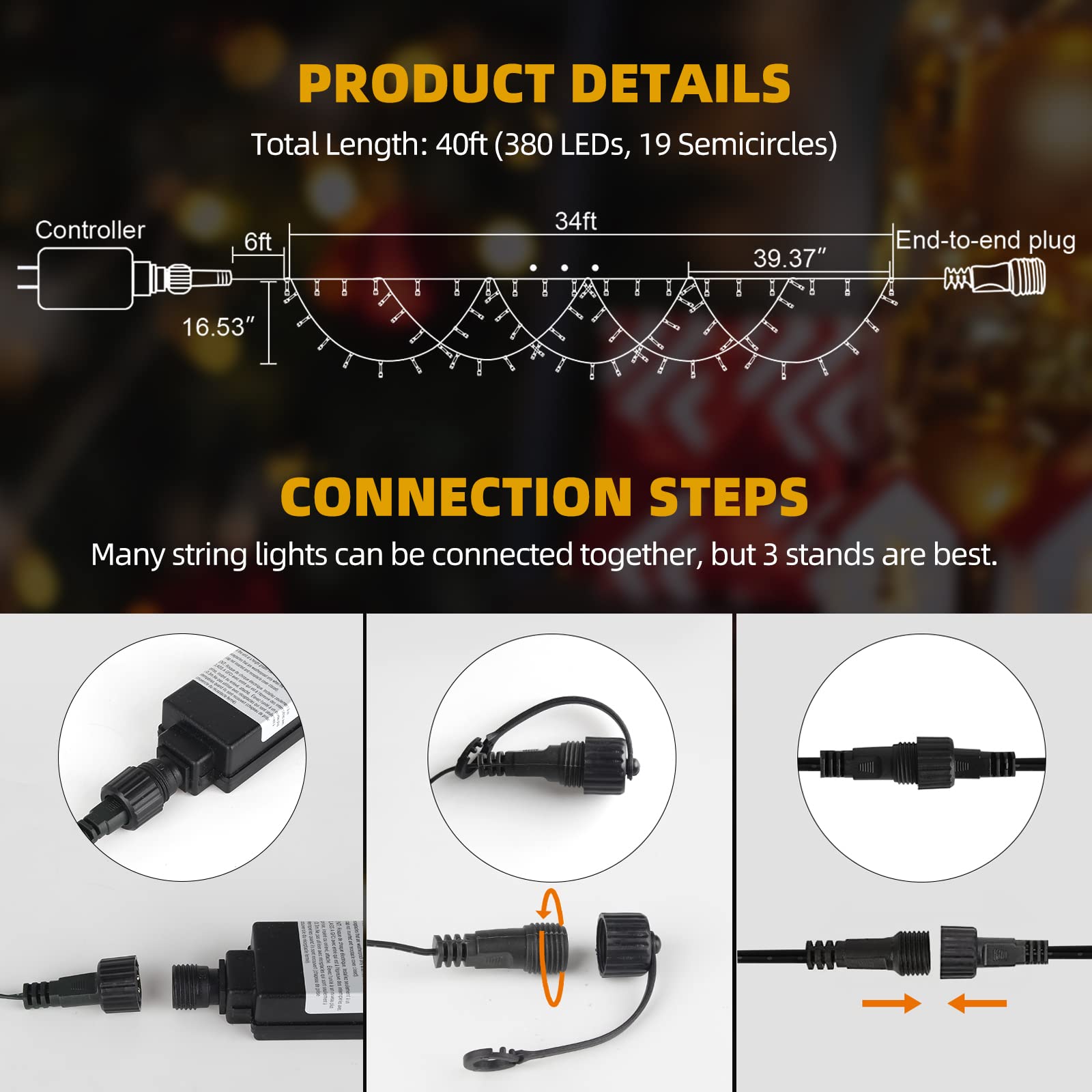 Mzd8391 40Ft 380 Led Christmas Icicle Lights, Outdoor Indoor Waterproof, End To End Connect, Multicolor String Lights For Christmas Decorations