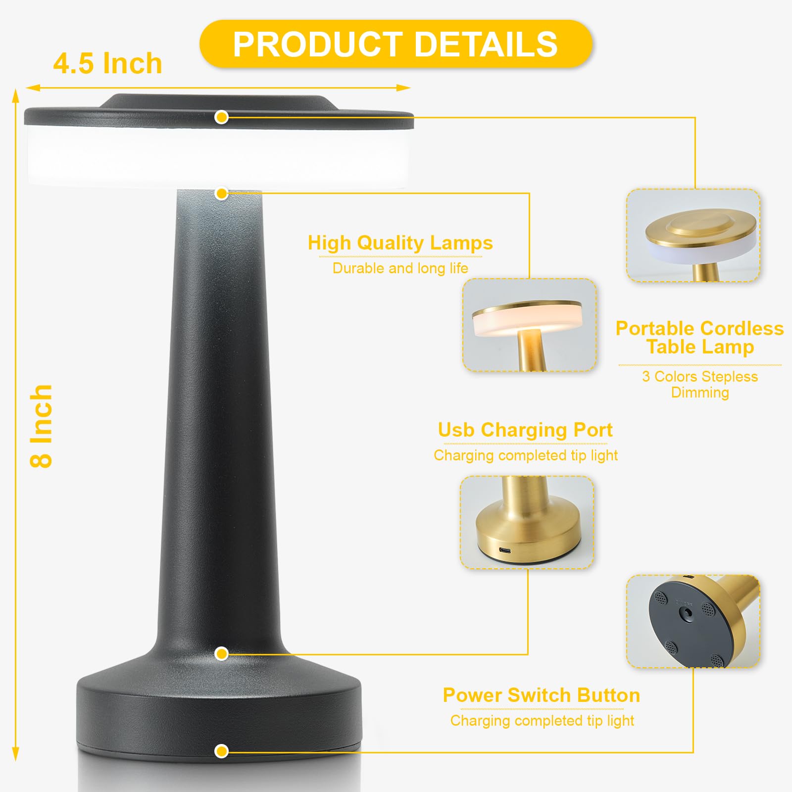 Lstvzsnrx Portable Led Table Lamp With Touch Sensor, Night Lamp With 3-Levels Brightness, Rechargeable Battery, Multiple Uses For Kids Nursery, Nightstand Lamp, Bedside Lamp (Black)